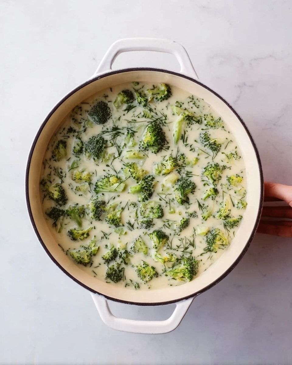 A white round pot with two handles held by a woman's hand, filled with small and medium-sized green broccoli pieces submerged in a creamy white sauce, all placed on a white marbled surface. The broccoli florets float evenly through the thick sauce, creating a speckled mixture of green and white textures. Photo taken with an iphone --ar 4:5 --v 7