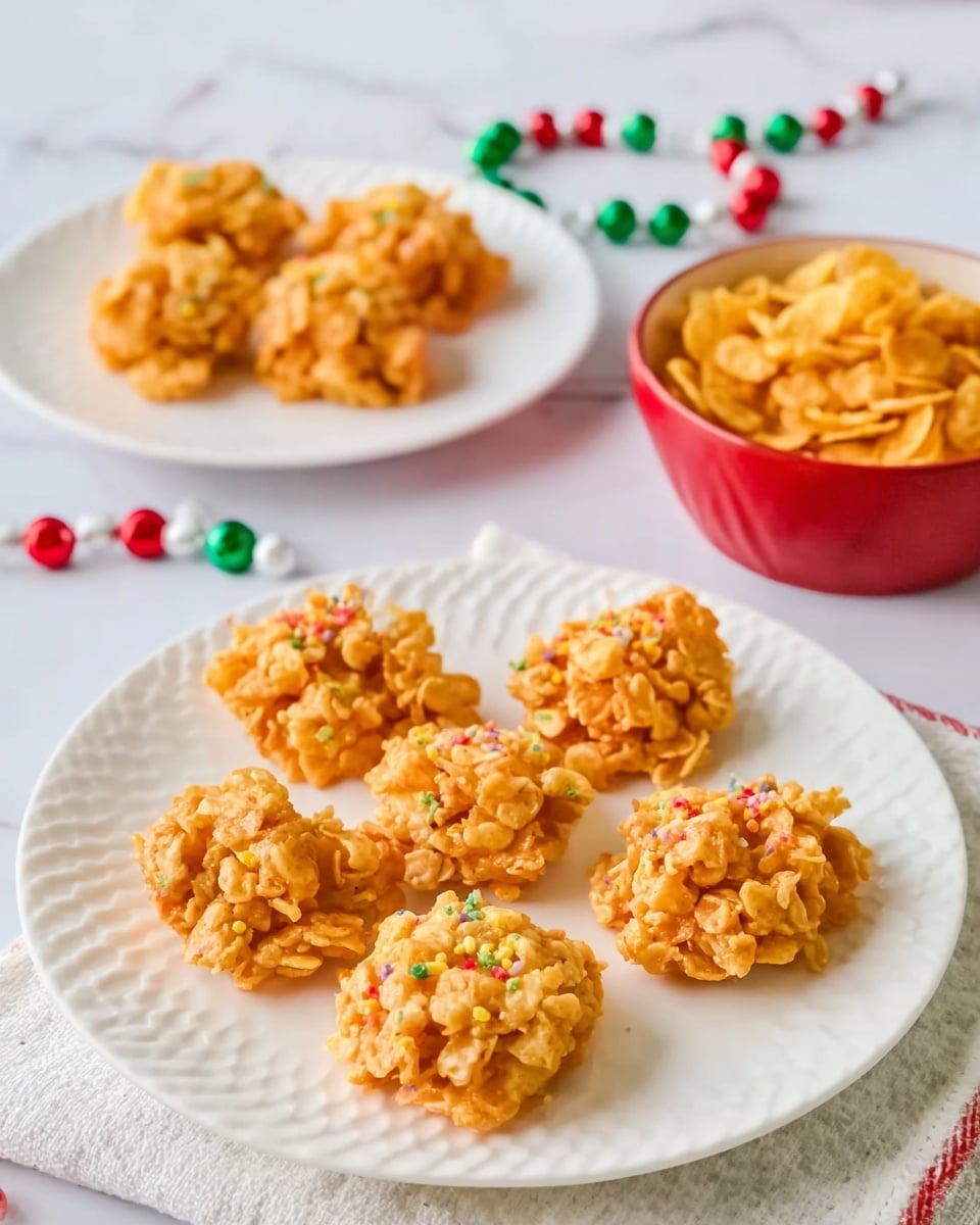 A white plate with a bumpy texture holds six clusters of a snack made from golden cornflakes mixed in a light orange coating, arranged in a loose circle. Each cluster is sprinkled lightly with small colorful bits. Behind, there is another white plate with more of these clusters, slightly out of focus, and on the right side, a red ceramic bowl filled with plain golden cornflakes is partially visible. The setting includes a white marbled surface with a white cloth underneath the front plate and a string of red, green, and white beads running horizontally in the background. photo taken with an iphone --ar 4:5 --v 7