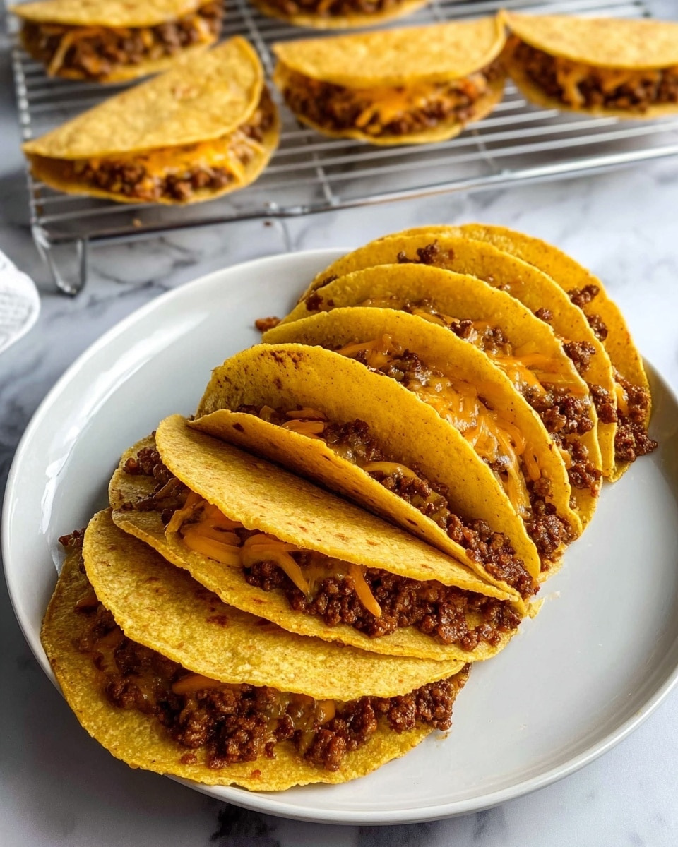 A white plate holds seven folded tacos arranged in a row, each with two layers of yellow corn tortillas. Inside each taco is a filling of browned ground meat topped with melted orange and light yellow cheese, visible through the slightly open folds. In the background, four similar tacos rest on a metal cooling rack over a white marbled surface. The tacos have a warm, rustic look with slight browning on the tortillas. photo taken with an iphone --ar 4:5 --v 7