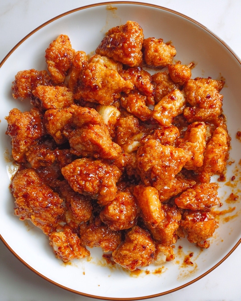 A white plate with a thin brown rim holds a single layer of small, crispy fried chicken pieces coated in a shiny, reddish-orange sauce. The chicken pieces are different shapes and sizes, covering most of the plate surface, with some sauce smudged around the edges. The texture looks crunchy on the outside with a saucy glaze giving a slightly wet look. The plate sits on a white marbled surface. photo taken with an iphone --ar 4:5 --v 7
