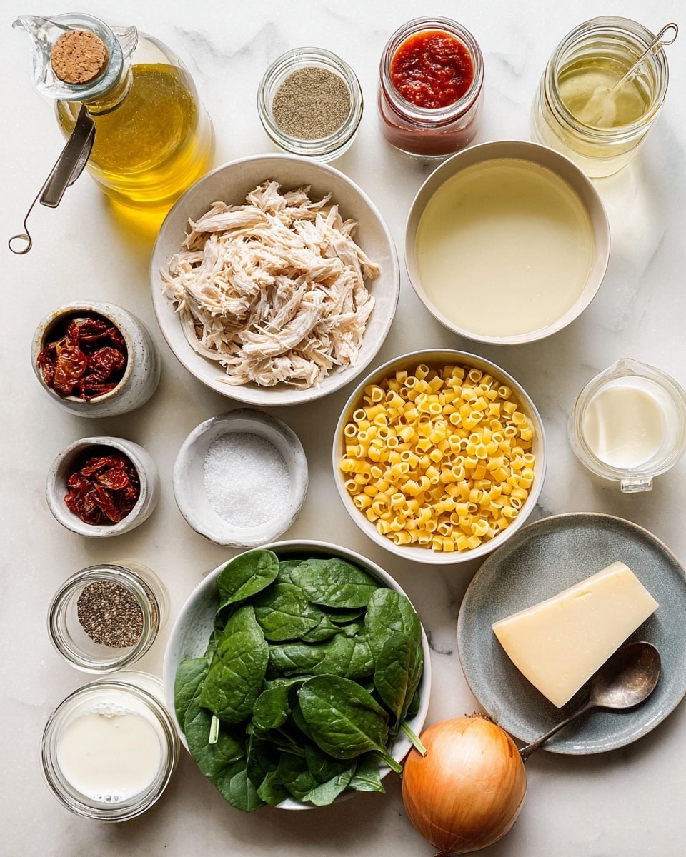 The image shows many small bowls and jars arranged on a white marbled surface. There are 15 main items: a bowl of cooked shredded chicken that is light brown and white, a white bowl filled with yellow ditalini pasta, a bowl of fresh green spinach leaves, a small bowl with coarse salt that looks white and grainy, and another small bowl with a mix of black pepper and other spices. There is a jar of dark red sun-dried tomatoes, a clear glass jug with white cream, a small clear glass of light yellow liquid, a bowl of light brown broth, a whole brown onion, and a small white bowl with granulated white sugar. In addition, there are two glass jars containing garlic powder and thyme, both labeled, and a gray plate holding a wedge of pale yellow Parmesan cheese with some grated cheese next to it and a small spoon. A small glass jar of red tomato paste is near the jug of water. A bottle of golden olive oil with a metal spout is at the top left. The overall view is neat and well lit with natural light, giving a clean and fresh look. photo taken with an iphone --ar 4:5 --v 7