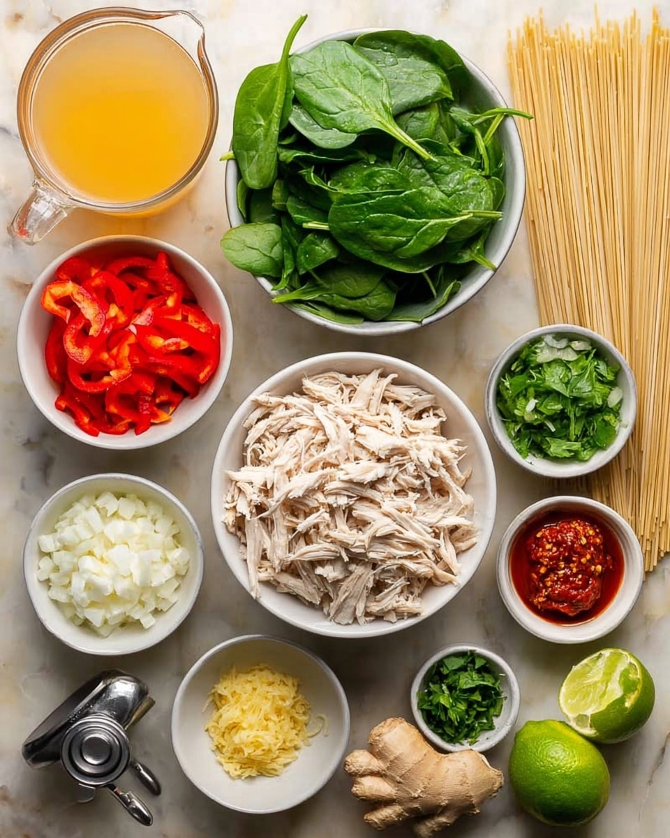 The image shows various fresh ingredients arranged neatly on a white marbled surface. In the center, there is a white bowl filled with shredded light-colored chicken. Above it to the left, there is a white bowl full of bright green spinach leaves. Around these central bowls are smaller white dishes holding red sliced bell peppers, finely chopped white onions, a red chili paste, chopped green herbs, grated yellow ginger, and minced garlic. To the right, uncooked beige noodles are laid in a neat bundle. On the left, there is a glass measuring cup with light orange broth and beside it, a clear container holding creamy white coconut milk. Also visible are a halved lime and a metal lime squeezer near some fresh ginger pieces. The colors are vibrant and natural, showing a fresh and healthy set of ingredients. Photo taken with an iphone --ar 4:5 --v 7