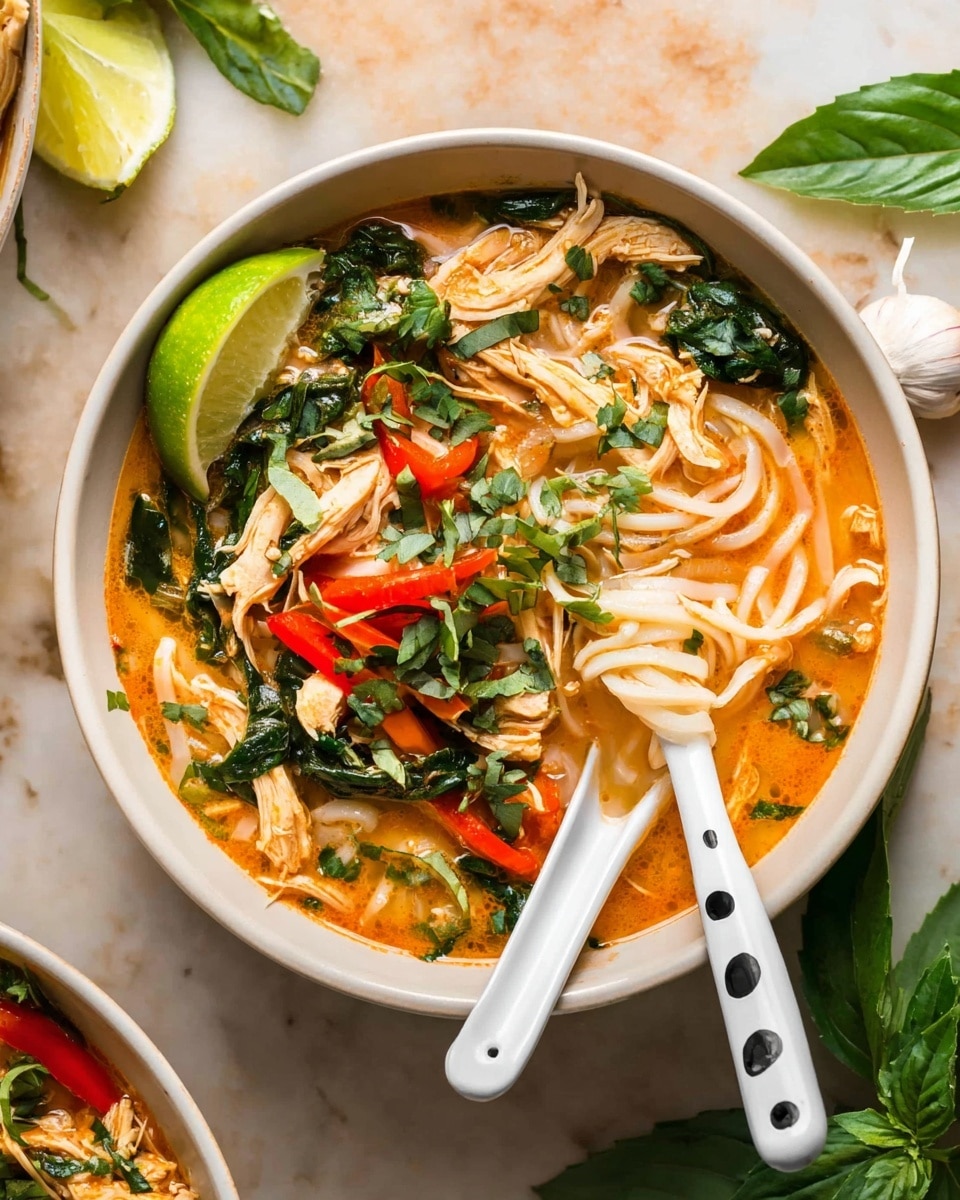 A green pot filled with orange, creamy soup that has green spinach leaves floating on top, along with white noodles and small pieces of shredded chicken visible in the broth. A silver ladle is scooping up a mix of noodles, spinach, and chicken from the soup. Around the pot, there are fresh ginger slices, a garlic bulb, and limes on a white marbled surface. photo taken with an iphone --ar 4:5 --v 7