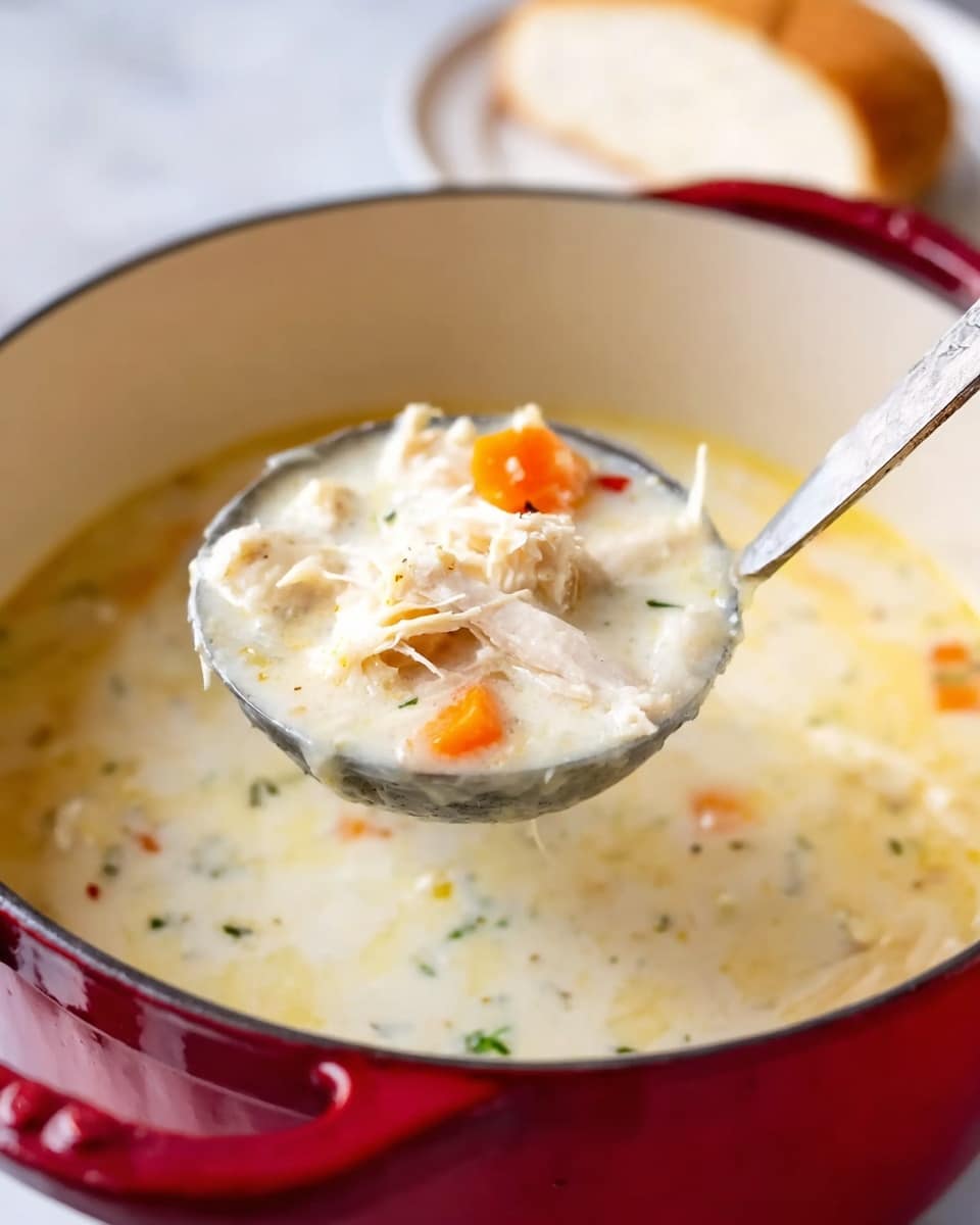 A close-up of a metal ladle lifting creamy chicken soup from a red and white pot. The soup has a thick white base with soft white chunks of shredded chicken and small bright orange carrot pieces floating inside. The background shows a blurred slice of white bread on a white plate placed on a white marbled surface photo taken with an iphone --ar 4:5 --v 7