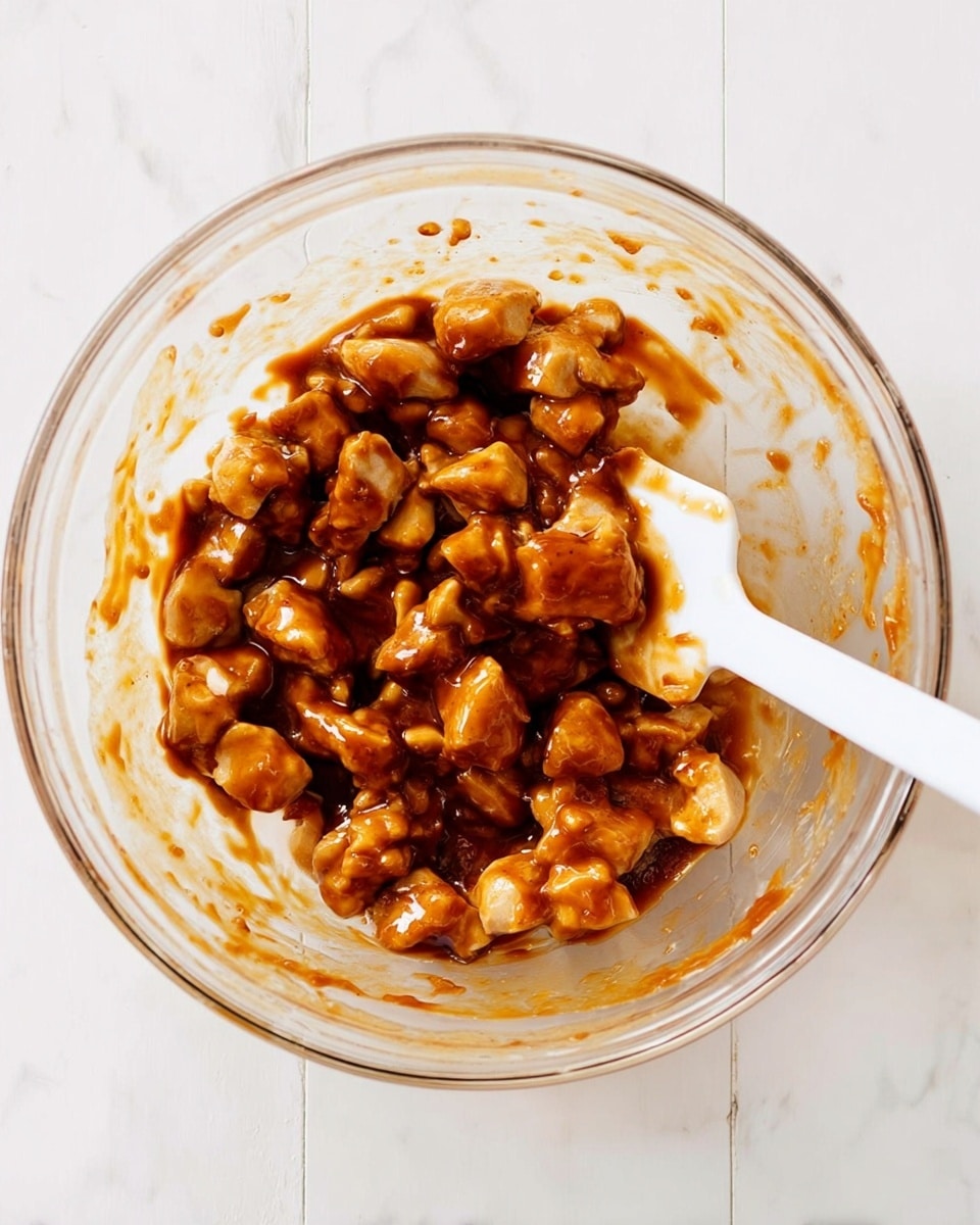 A clear glass bowl holds many small pieces of light brown food mixed with a thick, shiny, darker brown sauce that coats each piece. The bowl sits on a white marbled surface, and a white spatula is placed inside the bowl with sauce on it. The food pieces have a soft texture and are unevenly shaped. The bowl shows sauce splashes on the inside edges and looks like it is being mixed. photo taken with an iphone --ar 4:5 --v 7
