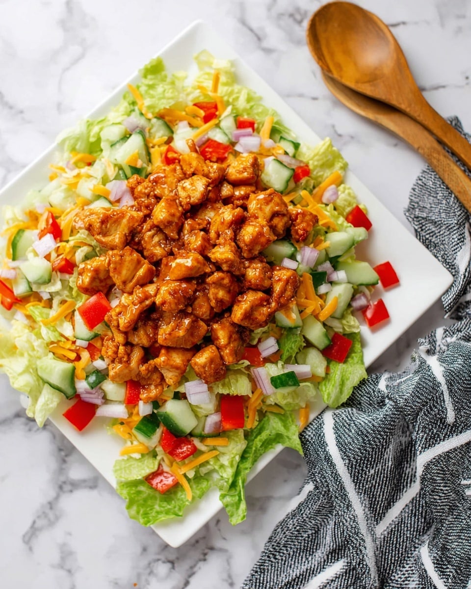 A white square plate holds a colorful layered salad on a white marbled surface. The bottom layer is made of light green shredded lettuce spread evenly across the plate. Above that, there are small pieces of red bell pepper, chopped cucumber, and finely diced white onion scattered, adding pops of red, green, and white color. Shredded cheddar cheese in a yellow-orange shade lightly peeks through the veggies. The top layer consists of bite-sized chunks of cooked chicken coated in a shiny, dark reddish-brown sauce, spread generously over the salad. photo taken with an iphone --ar 4:5 --v 7