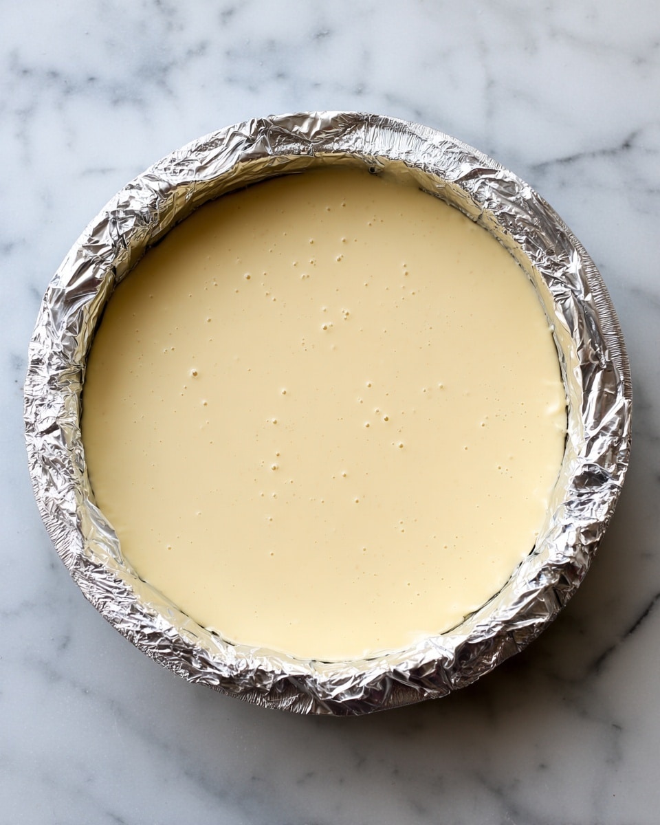 A round baking pan lined with crinkled silver foil holds a single thick layer of smooth, creamy pale yellow mixture with small bubbles on its surface. The pan rests on a white marbled surface. The photo taken with an iphone --ar 4:5 --v 7