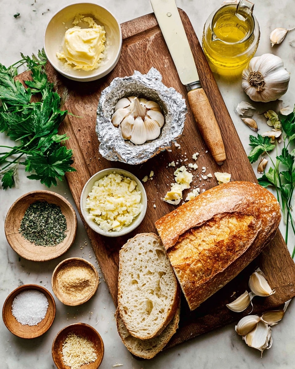 A large wooden cutting board sits on a white marbled surface, topped with two thick slices of golden-brown crusted bread on the right side. Near the center, there is a small white bowl wrapped in foil holding a whole roasted garlic bulb with some cloves separated around it. Above the roasted garlic, a small ceramic bowl contains minced garlic, with some minced garlic scattered beside a knife with a cream handle resting on the board. Surrounding the cutting board are fresh green herbs, a bowl of soft yellow butter, a small glass jar with a wooden spoon in a beige powder, and two small wooden bowls—one filled with salt and the other dried herbs. A whole garlic bulb and a clear bottle of olive oil are placed near the top. photo taken with an iphone --ar 4:5 --v 7