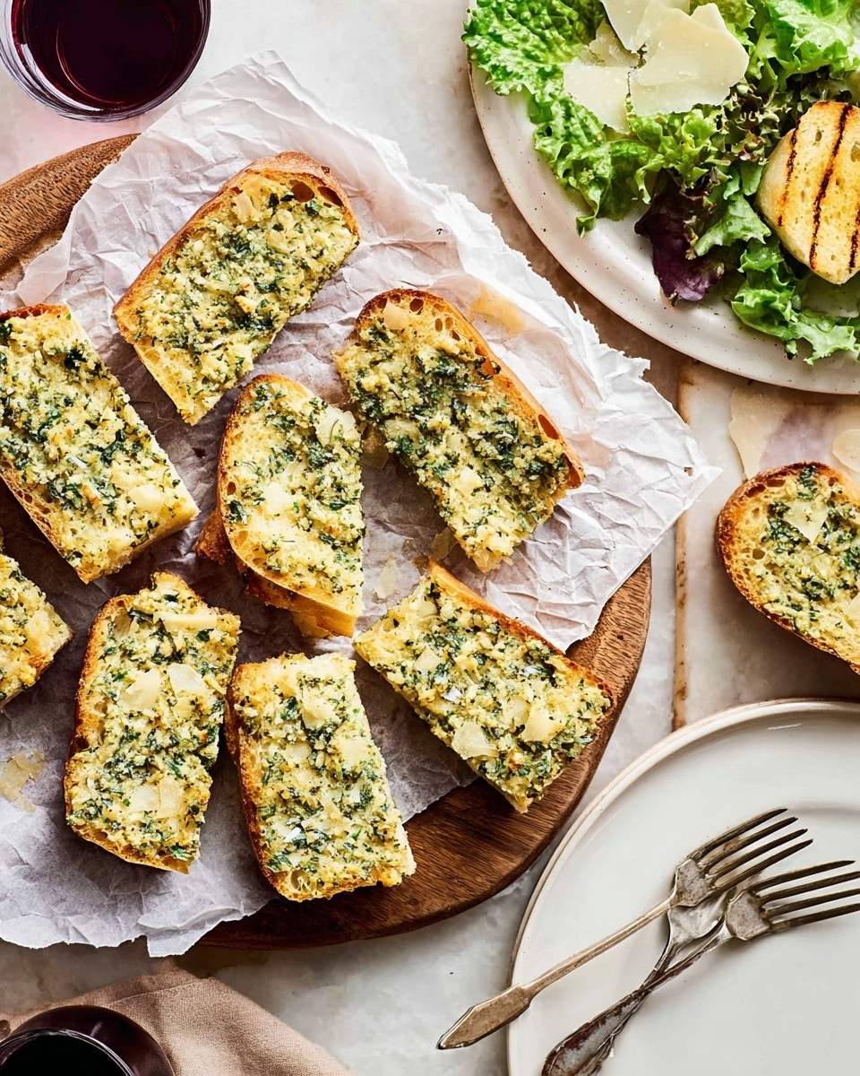 The image shows eight pieces of garlic bread arranged on crumpled white paper over a wooden board placed on a white marbled surface. Each piece is thick, with a golden-brown crust and a top layer of chopped green herbs mixed with a creamy, slightly textured garlic spread. On the right, part of a white plate holds fresh green lettuce leaves with light shavings of white cheese and grilled golden bread slices. Silver forks rest on a white plate in the bottom right corner, and a glass of dark red drink is visible near the edge. The whole setting is bright and inviting, with a clean and simple look. photo taken with an iphone --ar 4:5 --v 7
