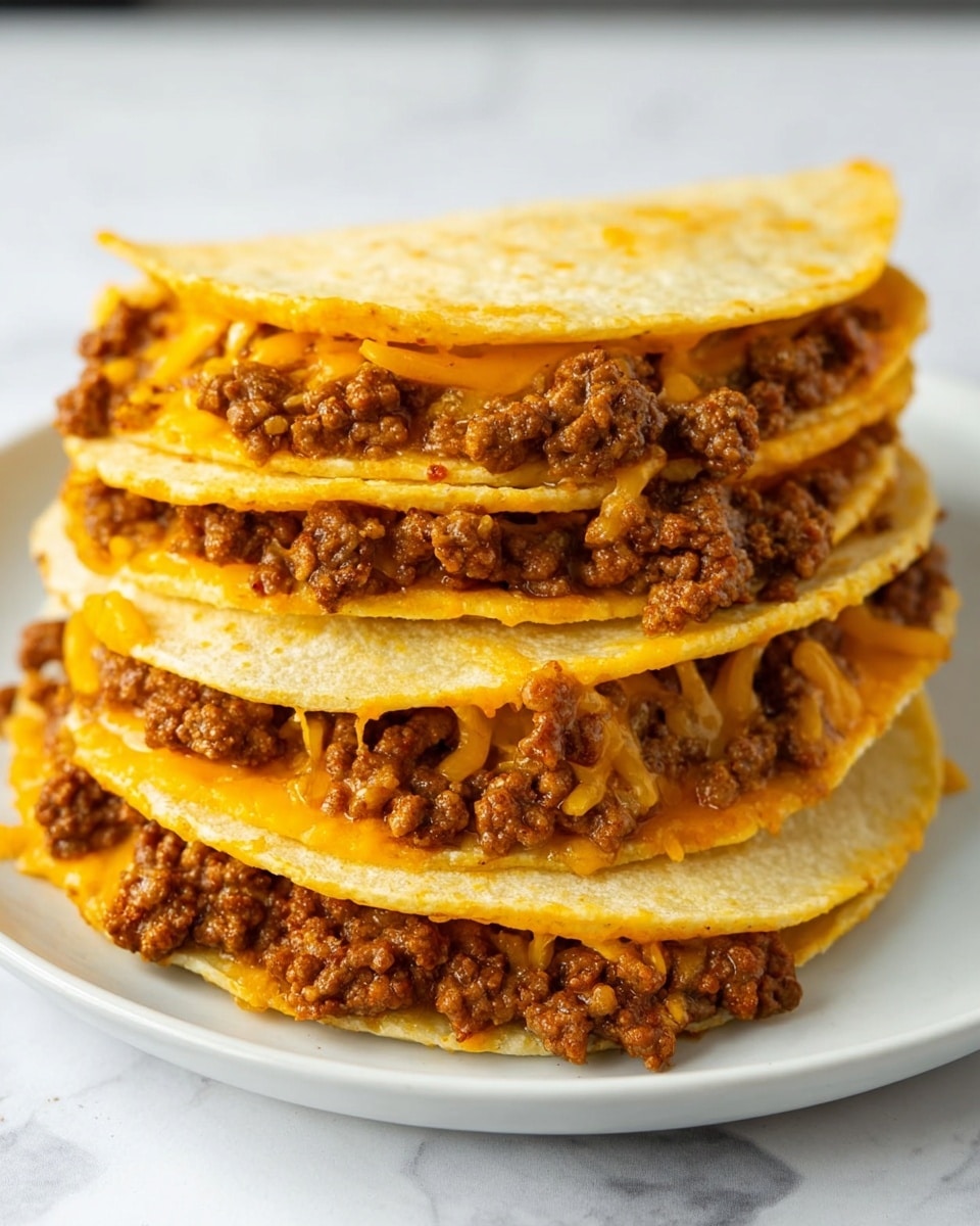The image shows a white plate filled with several soft yellow corn tortillas folded in half and arranged in a row. Each taco has a bottom layer of melted cheese, followed by a layer of cooked brown ground meat. On top of the meat are fresh bright green chopped lettuce, diced red tomatoes, and small light green avocado pieces. Crumbled white cheese and chopped fresh cilantro are sprinkled on top of the vegetables. The plate sits on a white marbled surface, and the focus is on the front tacos with the background softly blurred. photo taken with an iphone --ar 4:5 --v 7