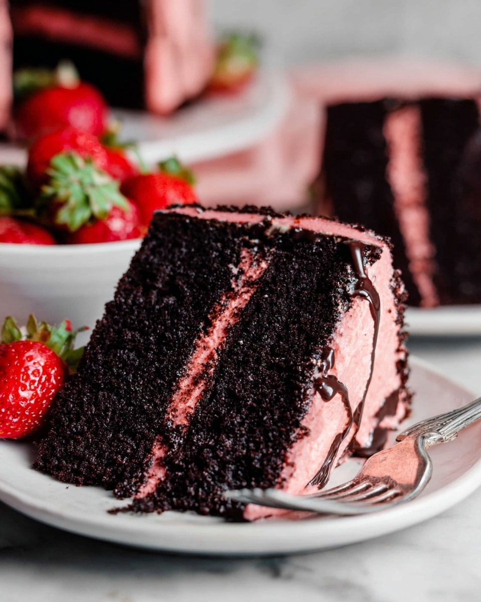 A close-up of a three-layer dark chocolate cake with thick pink frosting between each layer and covering the sides, placed on a white plate on a white marbled surface. There is a shiny dark drizzle between the cake layers, adding shine and texture. In the background, a white bowl filled with fresh red strawberries sits slightly out of focus, and a woman's hand holds another slice of the same cake with visible layers of dark chocolate and pink frosting. A silver fork rests on the plate in front of the cake slice. photo taken with an iphone --ar 4:5 --v 7