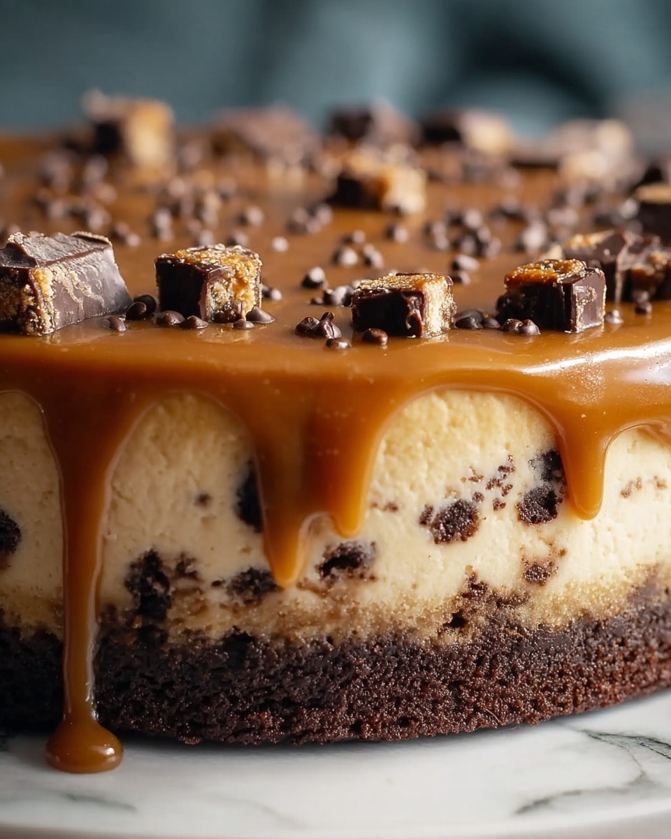 This is a close-up view of a round three-layered cake on a white marbled surface. The bottom layer is dark brown with a dense, crumbly texture. The middle layer is thick, beige with dark chocolate chunks mixed inside, creating a creamy appearance. The top layer is a glossy caramel sauce that drips slightly over the edges of the cake, decorated with small chocolate chips and uneven chunks of chocolate scattered on top. The photo taken with an iphone --ar 4:5 --v 7