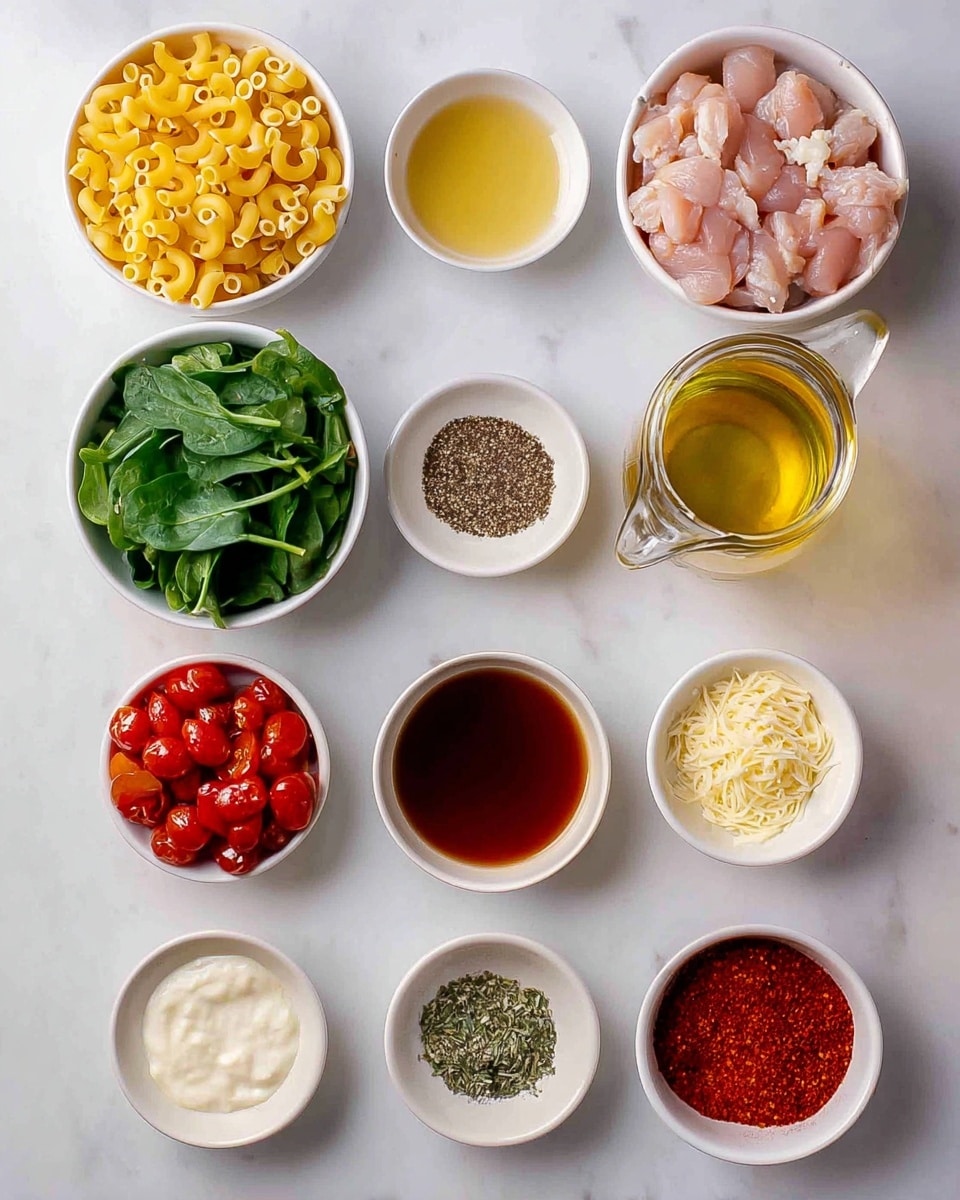 The image shows twelve small bowls arranged neatly on a white marbled surface, each holding a different ingredient. From top left to bottom right, there is a bowl filled with yellow curled macaroni pasta, a bowl with raw light pink chicken pieces, a small bowl of clear golden oil, a bowl with fresh green spinach leaves, a glass jug filled with brown broth, a small bowl of ground black pepper, a bowl holding white cream, a bowl with grated white cheese, a bowl of roasted red cherry tomatoes, a small bowl with minced light yellow garlic, another bowl of dried green herbs, and finally, a small bowl of bright red paprika powder. All bowls are white, set in an evenly spaced grid, creating a clean and organized visual. Photo taken with an iphone --ar 4:5 --v 7