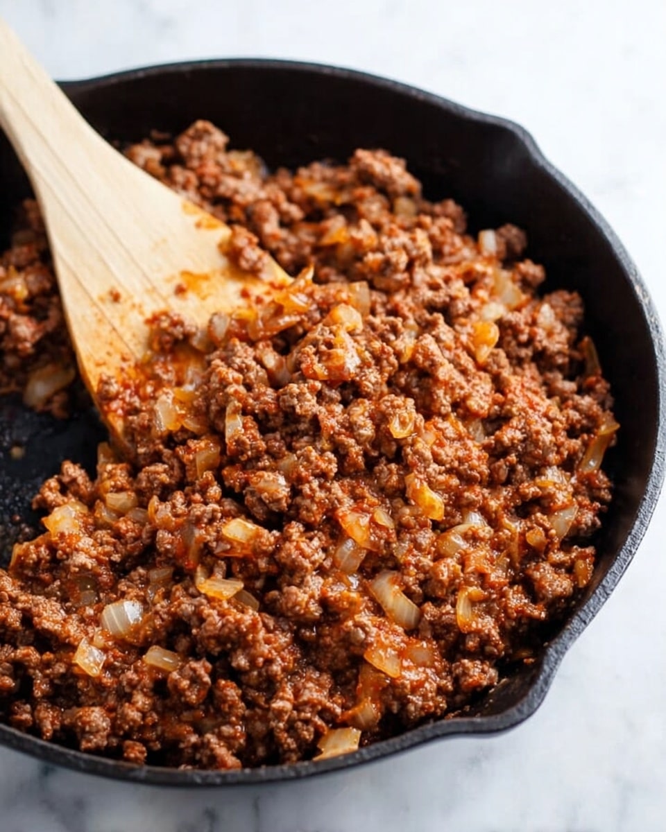 The image shows cooked ground beef mixed with small pieces of cooked onion in a black cast iron pan. The beef is brown with some reddish undertones from seasoning, and the onion bits are lightly golden and translucent, evenly distributed throughout the beef. A wooden spoon rests inside the pan, partially covered with the beef mixture. The pan sits on a white marbled surface. Photo taken with an iphone --ar 4:5 --v 7