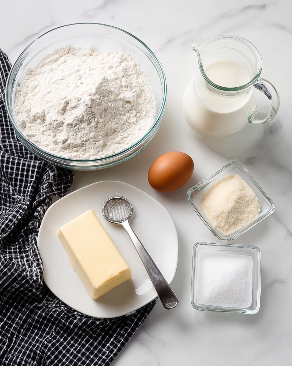 The image shows a collection of baking ingredients placed on a white marbled surface. There is a large clear glass bowl filled with white flour on the left side, next to a brown egg that rests near a small glass bowl containing beige yeast. To the right, a white plate holds a rectangular stick of pale yellow butter and a metal measuring spoon filled with white salt, placed on top of the butter. Next to the plate is a small clear square glass bowl filled with white sugar, and on the far right is a transparent glass pitcher filled with white milk. A black and white checkered cloth is partially visible underneath the egg on the left side. Photo taken with an iphone --ar 4:5 --v 7