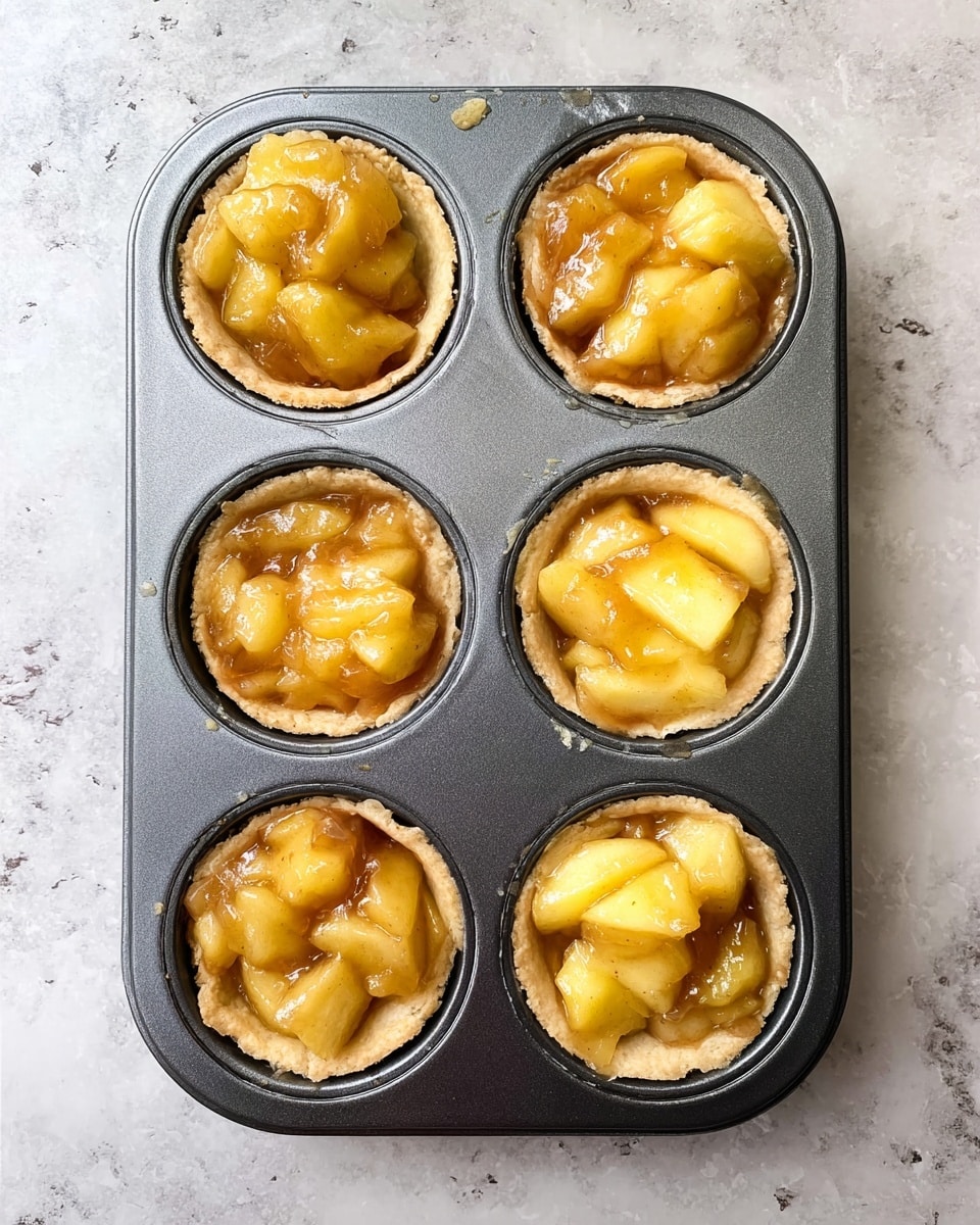 A gray metal muffin tray contains eight small tarts arranged in two rows of four. Each tart has a light beige crust base topped with a layer of glossy, golden yellow cooked apple slices. The apples appear soft and slightly translucent, covered with a shiny, sweet glaze that catches the light. The tray is placed on a white marbled surface. Photo taken with an iphone --ar 4:5 --v 7