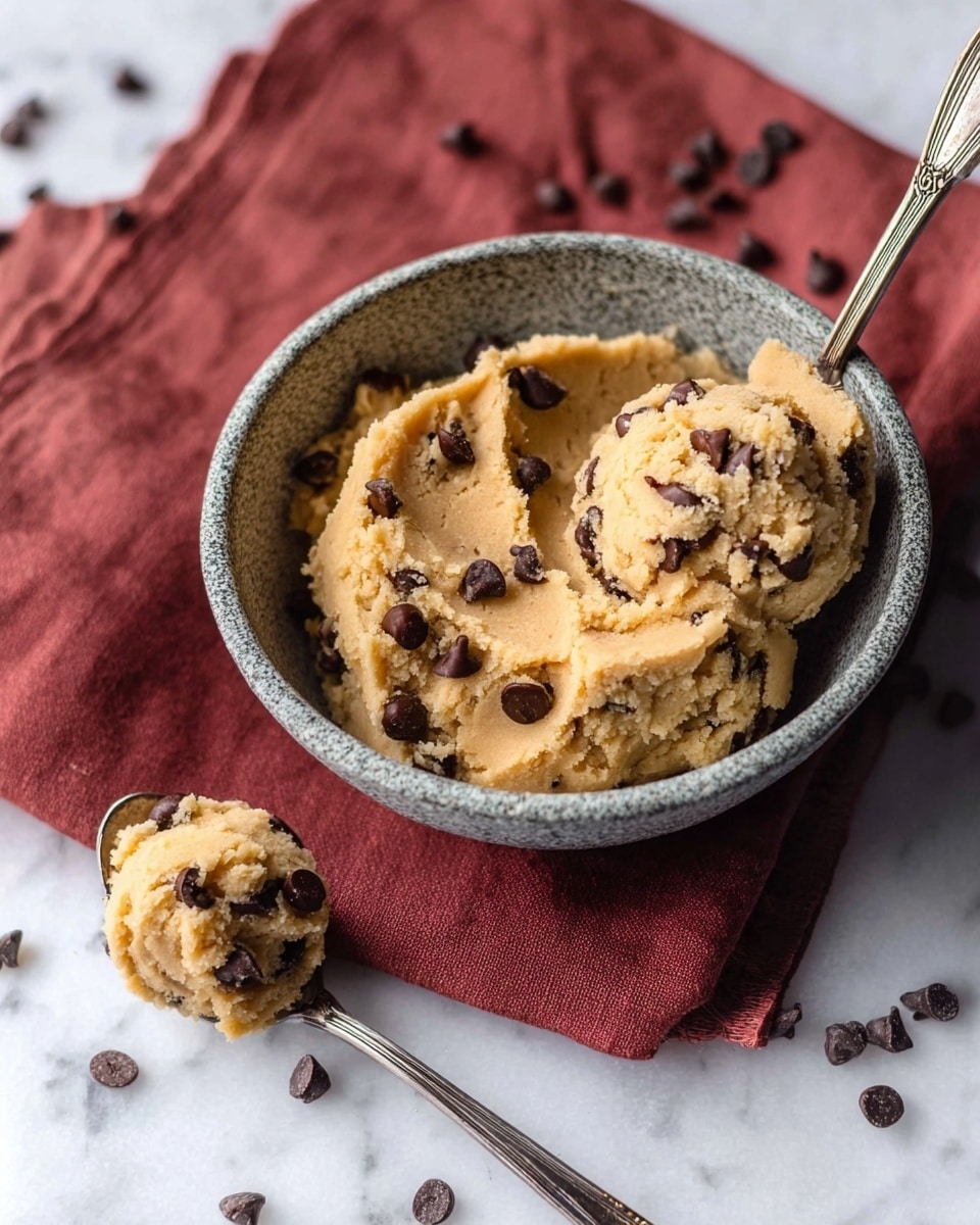 A bowl with a crackled gray texture holds a thick, pale golden dough mixed with scattered dark chocolate chips. Inside the bowl, the dough appears slightly rough with visible soft folds and embedded chocolate dots. A silver spoon scoops some dough, positioned inside the bowl on the right side, while another spoon with a small scoop of the dough rests on a folded dusty red cloth beneath the bowl. The background is a white marbled surface with scattered chocolate chips around the bowl and spoons, photo taken with an iphone --ar 4:5 --v 7