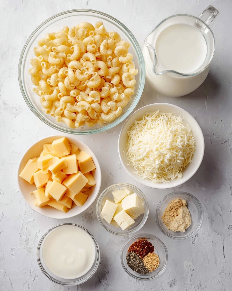 The image shows several white bowls and clear glass bowls arranged on a white marbled surface, each holding different ingredients for cooking. One large clear glass bowl at the top contains uncooked elbow macaroni, pale yellow and tube-shaped. To its right, a clear glass jug is full of white milk. Below the macaroni, a white bowl is filled with yellow-orange cheese cubes. Another white bowl nearby holds shredded white cheese with a soft texture. Below that, there is a white bowl filled with light cream. Next to the cream, a small clear glass bowl contains small cubes of butter. A small white bowl holds a light yellow powder, likely a seasoning or spice. Finally, a clear glass bowl holds a mix of spices – white, beige, black, and a bit of reddish powder – all neatly separated. The scene is neat, clean, and well-arranged, highlighting the ingredients for making a creamy pasta dish photo taken with an iphone --ar 4:5 --v 7