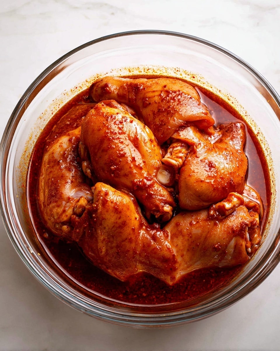 A clear glass bowl filled with several pieces of raw chicken marinated in a thick red-brown sauce, covering the chicken evenly. The chicken pieces are smooth and shiny, soaking up the rich sauce that has a slightly oily texture. The bowl rests on a white marbled surface, showing the vibrant color contrast between the sauce and the raw chicken skin beneath. photo taken with an iphone --ar 4:5 --v 7