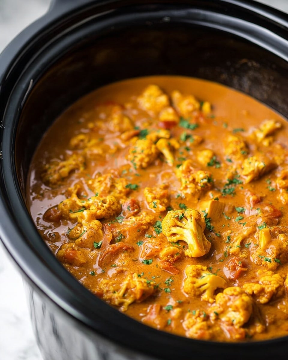 The image shows a black slow cooker filled with a thick orange stew with chunks of cauliflower and other vegetables. The stew has a creamy texture with specks of green herbs sprinkled evenly on top, adding a touch of color. The slow cooker is placed on a white marbled surface. The close-up shot highlights the rich, smooth sauce coating each piece of cauliflower. Photo taken with an iphone --ar 4:5 --v 7