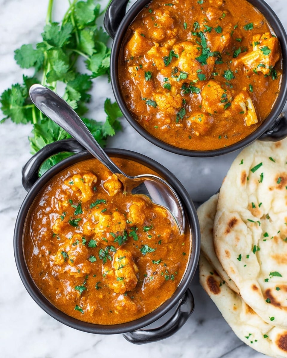 The image shows two black small casserole dishes filled with a thick orange-brown curry containing cauliflower pieces and garnished with chopped green herbs on top. Each dish has handles on both sides, and one dish has a shiny metal spoon resting inside it, with the spoon's handle pointing to the upper center. To the right of the dishes, there are pieces of warm white naan bread with light golden grill marks stacked slightly overlapping each other. The background is a white marbled surface with some green cilantro leaves scattered around for decoration. Photo taken with an iphone --ar 4:5 --v 7