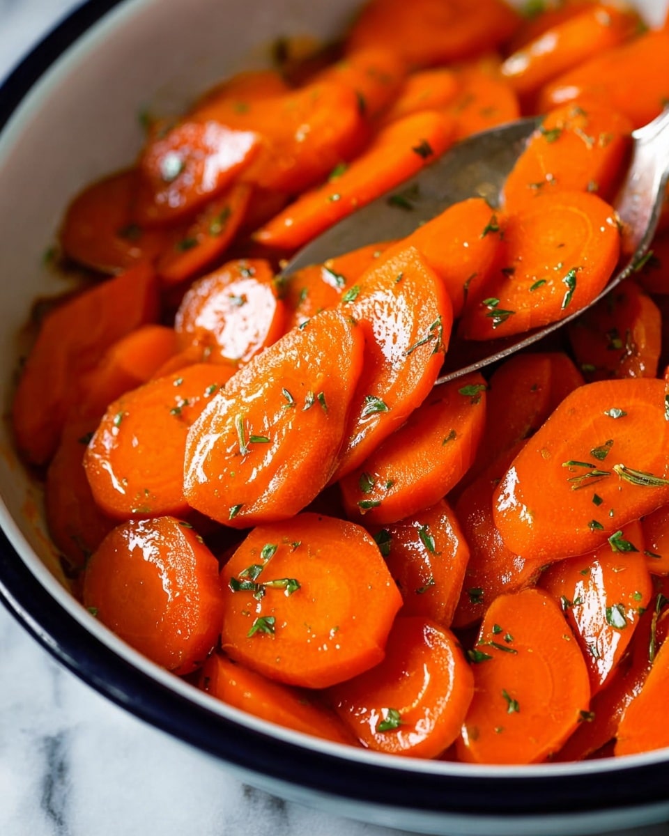 A close-up image shows bright orange cooked carrot slices with a glossy shine, arranged in layers inside a white bowl with a dark rim. Small green herb pieces are sprinkled evenly over the carrots. A silver spoon scoops some carrot slices from the bowl, with parts of the spoon visible in the center. The background is a white marbled texture. Photo taken with an iphone --ar 4:5 --v 7