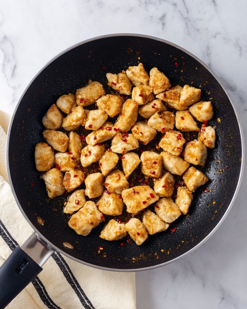 This image shows a black frying pan filled with small pieces of cooked chicken, each piece golden-brown with a slightly crispy texture. The chicken pieces are arranged in a single layer, covering almost the entire pan, with some small red chili flakes scattered on top. The pan's handle is visible on the left, and the pan rests on a white marbled surface with a cream-colored cloth with black stripes nearby. Photo taken with an iphone --ar 4:5 --v 7