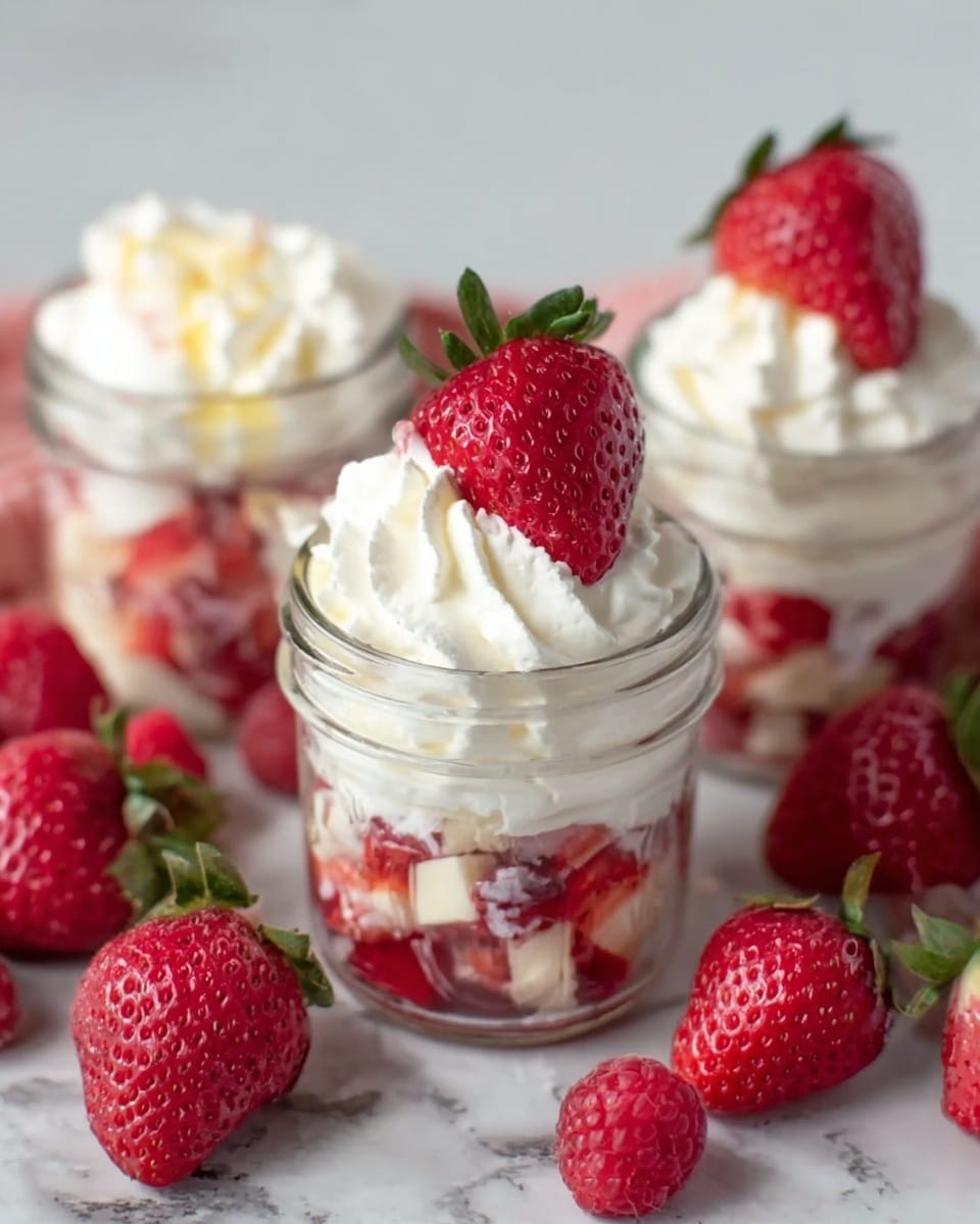 The image shows small clear glass jars filled with three visible layers: the bottom layer is white whipped cream with a soft and fluffy texture, the middle layer consists of diced red strawberries and raspberries mixed with small cream pieces, and the top layer is a swirl of white whipped cream topped with a fresh whole strawberry with green leaves. Around the jars are loose whole strawberries and raspberries on a white marbled surface. The jars are placed closely together with soft natural lighting. Photo taken with an iphone --ar 4:5 --v 7