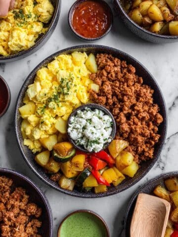 Breakfast Meal Prep Bowls with Spicy Ground Chicken, Roasted Potatoes, and Scrambled Eggs Recipe