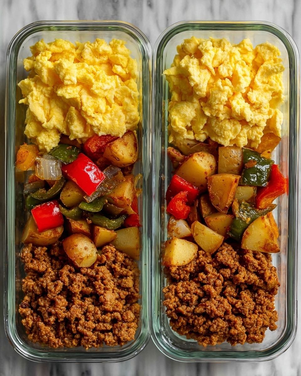 Two glass meal prep containers sit on a white marbled surface, each divided into three sections. On the left side of both containers is a large portion of soft, yellow scrambled eggs with a fluffy texture. The middle section contains a mix of roasted vegetables in various colors and textures, including light golden potato chunks, red and yellow pepper pieces, green pepper strips, and onions, all with a slightly crispy, browned surface. The right side holds a generous serving of finely crumbled cooked ground meat with a rich brown color and crumbly texture. The arrangement is neat and consistent in both containers, showing a balanced meal composed of eggs, vegetables, and meat. photo taken with an iphone --ar 4:5 --v 7
