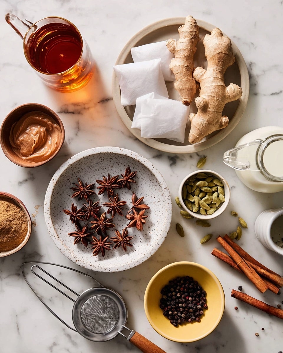 The image shows a flat lay of various spices and tea-making items arranged on a white marbled surface. At the center, there is a white speckled plate holding glossy star anise pods with some loose ones scattered around. To the top right, a round white plate holds several large pieces of light brown ginger root along with two white tea bags and a small white bowl filled with green cardamom pods, some spilled onto the plate. Surrounding these are cinnamon sticks placed on a small white bowl with a light brown paste inside, a clear glass cup, a yellow bowl with black peppercorns and a small white bowl of cloves inside it, and a bottle of milk. A glass container with amber-colored liquid and a metal tea strainer with a wooden handle complete the setup. The image is bright, clean, and inviting. photo taken with an iphone --ar 4:5 --v 7