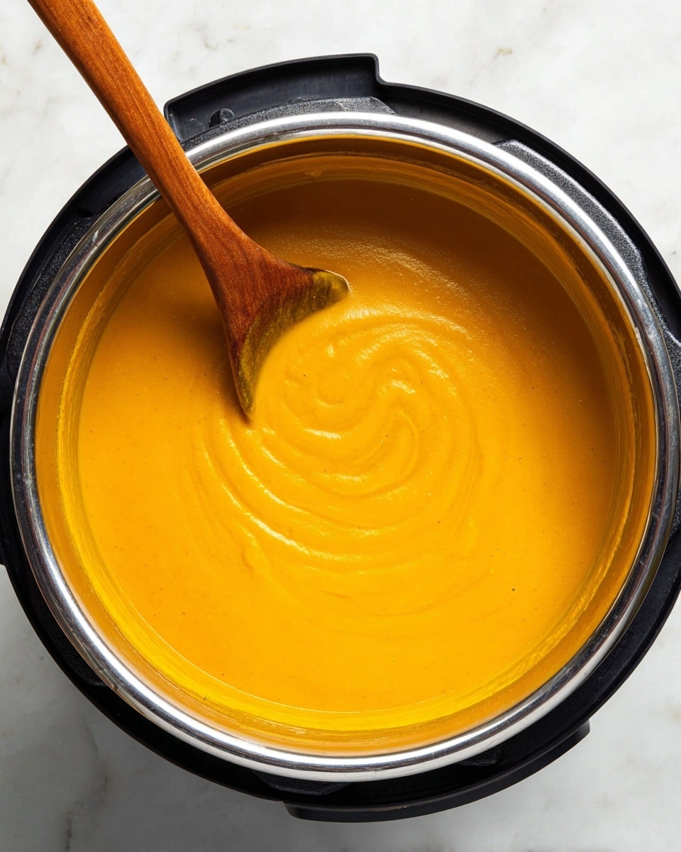 A close-up top view of a thick, smooth bright orange soup inside a stainless steel pot with a black outer frame. A wooden spoon with a brown handle is partially submerged on the left side, creating a gentle swirl in the thick soup. The pot is placed on a white marbled surface. The colors mainly show warm orange and brown tones with the shiny silver edge of the pot. Photo taken with an iphone --ar 4:5 --v 7