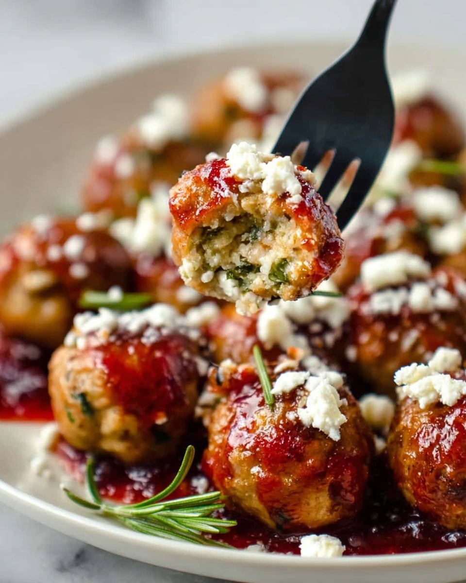 The image shows many small round meatballs on a white plate, each topped with white cheese crumbles and a shiny red sauce. One meatball is held close to the camera by a black fork, showing a soft inside with green herbs. The background meatballs are slightly blurred, with green rosemary sprigs scattered around. The plate sits on a white marbled surface. photo taken with an iphone --ar 4:5 --v 7