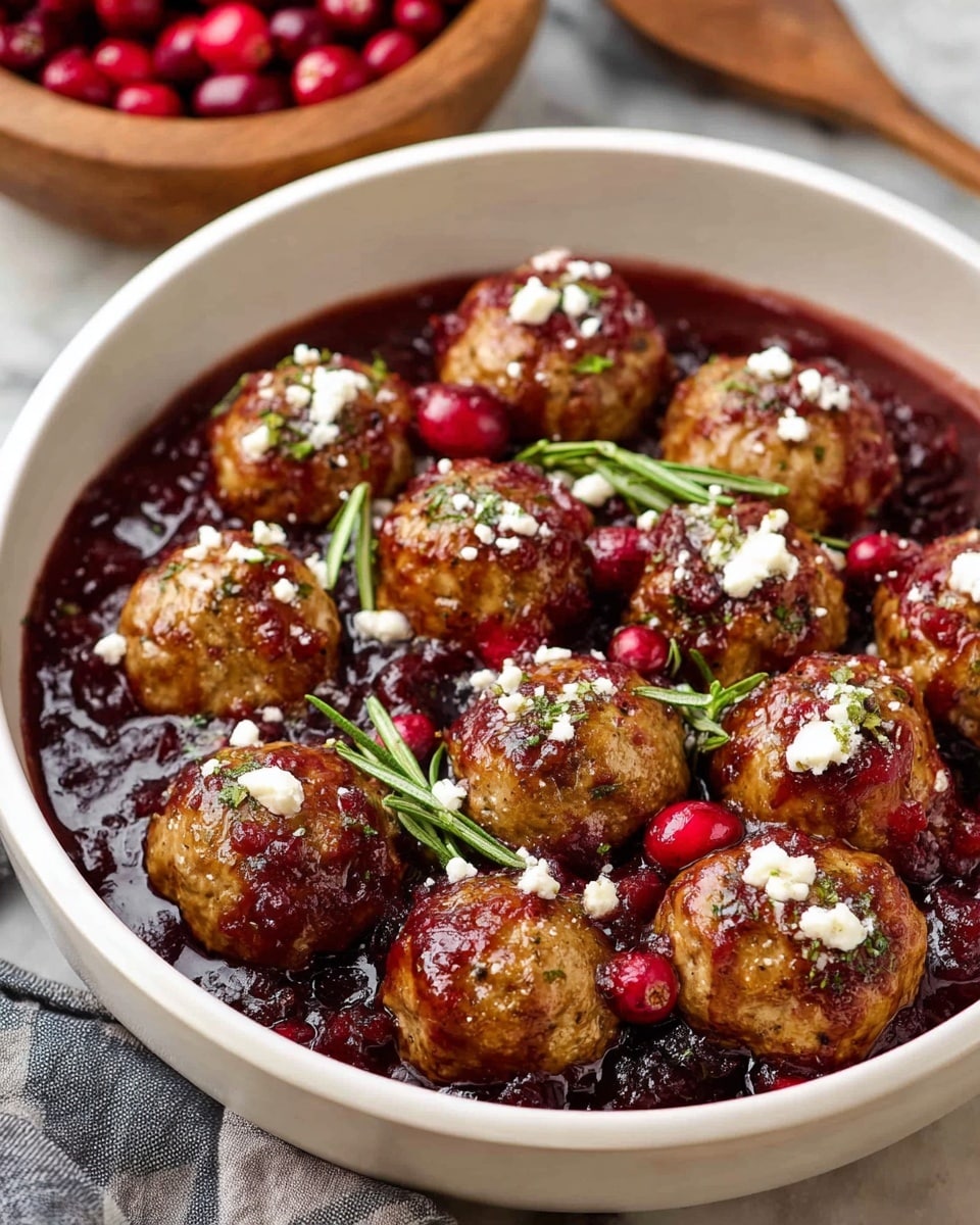 In a white bowl, there are 16 golden brown round meatballs placed closely together, each topped with small white crumbles of cheese. They sit on a thick, dark red sauce with a shiny texture, scattered with whole red cranberries and green rosemary sprigs for decoration. The bowl is set on a white marbled surface with a wooden bowl of cranberries visible in the background. photo taken with an iphone --ar 4:5 --v 7