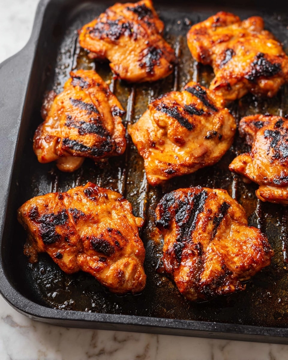 This image shows six pieces of grilled chicken thighs cooking on a black grill pan. The chicken is cooked with a shiny, orange-brown sauce that has blackened grill marks and charred spots. The texture of the chicken looks juicy and slightly sticky from the sauce. The grill pan shows some oil or sauce residue around the chicken, highlighting the cooking process. The background surface is a white marbled texture. photo taken with an iphone --ar 4:5 --v 7