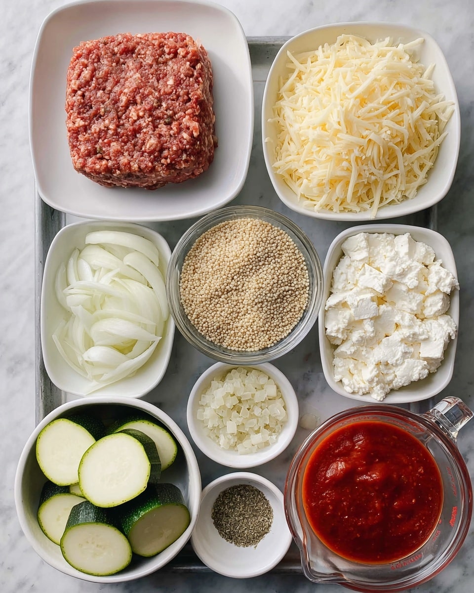 The image shows a tray with several small white bowls and plates arranged neatly on a white marbled surface. In the top left, there is a white plate with a square-shaped raw ground meat patty, reddish in color, showing a coarse texture. Next to it on the right, a white bowl filled with shredded pale yellow cheese. Below the cheese, a white bowl holds thick white cottage cheese. In the center, a clear glass bowl holds cooked small beige grains of quinoa. Around these, smaller white bowls contain finely chopped white onions, a mix of dried herbs and spices, black pepper, and grated cheese. A white bowl on the lower left holds green zucchini slices, thinly sliced. A clear measuring cup near the zucchini contains bright red tomato sauce. The overall scene is bright with even lighting, and the photo looks like it was taken with an iphone --ar 4:5 --v 7
