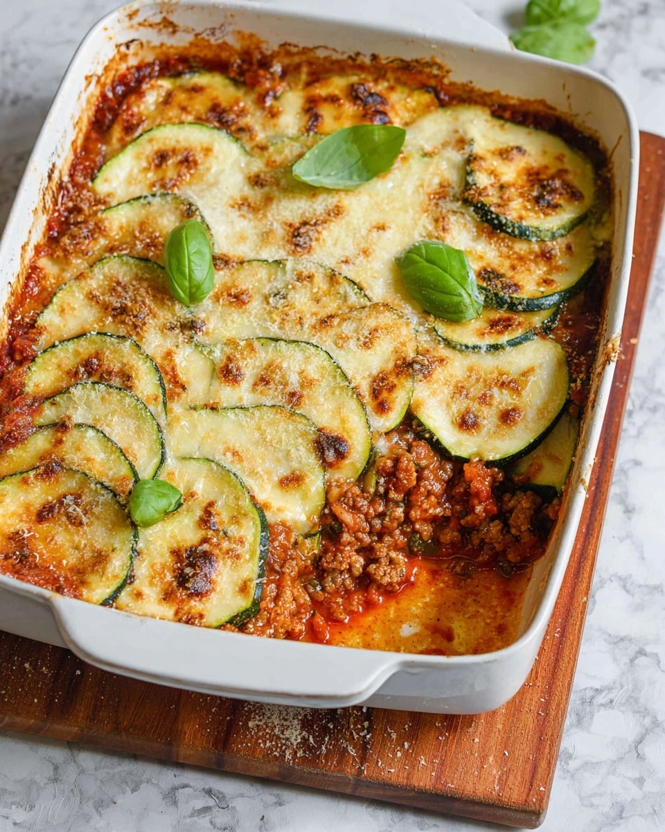 The image shows a white rectangular dish filled with a baked layered casserole. The bottom layer has ground meat mixed with tomato sauce, giving a brownish-red color with a slightly crumbly texture. On top of this is a layer of sliced green zucchini visible under a thick, golden-browned melted cheese layer that covers most of the surface. There are fresh green basil leaves scattered on top, adding a bright color contrast. A white spoon lifts a portion from the dish, revealing layers that include the brown meat, green zucchini slices, and creamy melted cheese. The dish is presented on a white marbled surface. Photo taken with an iphone --ar 4:5 --v 7