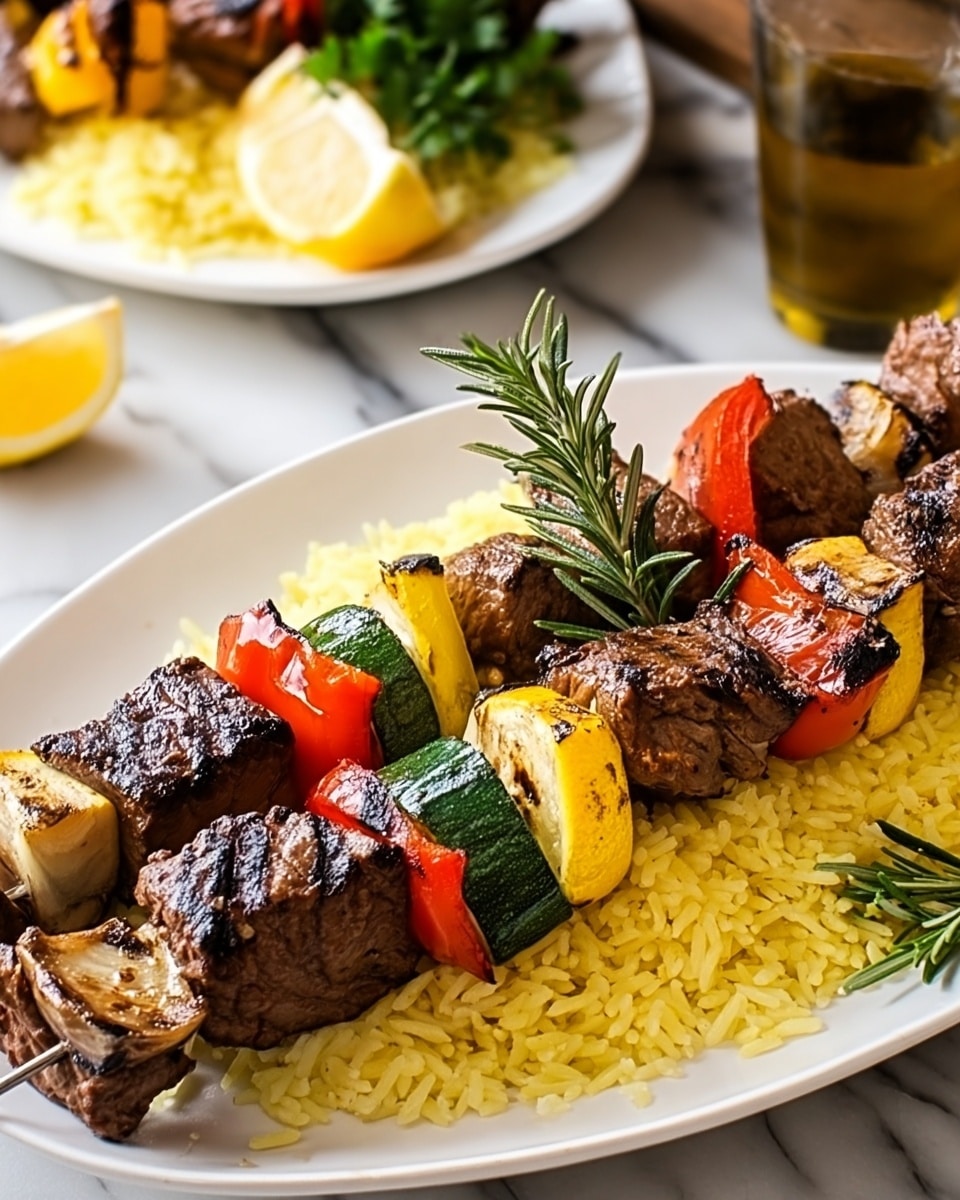 The image shows a white rectangular plate with a base layer of yellow rice spread evenly across it. On top of the rice, there are two skewers placed side by side; the left skewer has alternating slices of grilled zucchini, yellow squash, and red bell pepper, showing a charred and soft texture with bright green, yellow, and red colors. The right skewer holds chunks of grilled meat, browned and slightly charred, with a rustic texture and dark brown color. Small sprigs of rosemary are placed decoratively on the rice around the skewers. The plate is on a white marbled surface with some lemon slices and green parsley visible in the background. photo taken with an iphone --ar 4:5 --v 7