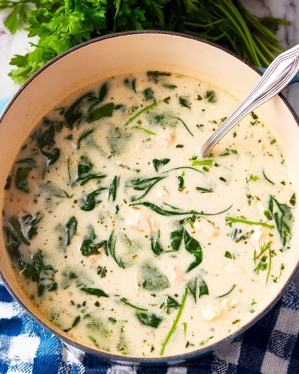 A white bowl filled with a creamy white soup that has three layers of colors and textures: bright green leafy spinach pieces scattered throughout, light beige chunks of mushrooms floating within, and the thick, smooth creamy base that blends everything together. The bowl sits on a blue and white checkered cloth with fresh green parsley placed behind it. To the right of the bowl, there is a neat stack of square saltine crackers on a white marbled surface. A silver spoon is visible next to the bowl. photo taken with an iphone --ar 4:5 --v 7