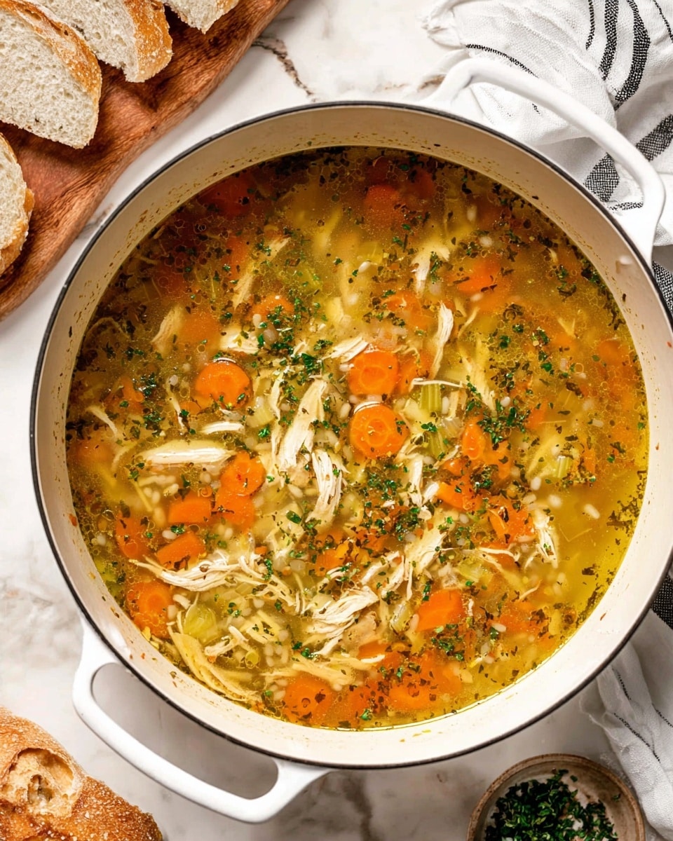 The image shows a large white pot filled with chicken soup sitting on a white marbled surface. The soup has clear golden broth with several layers of ingredients visible: orange carrot slices, light green celery pieces, shredded chicken, and small pearl-like grains. These layers float together with tiny green herb bits sprinkled on top. To the side, there is a white cloth with thin black stripes and some sliced crusty bread on a wooden board. Photo taken with an iphone --ar 4:5 --v 7