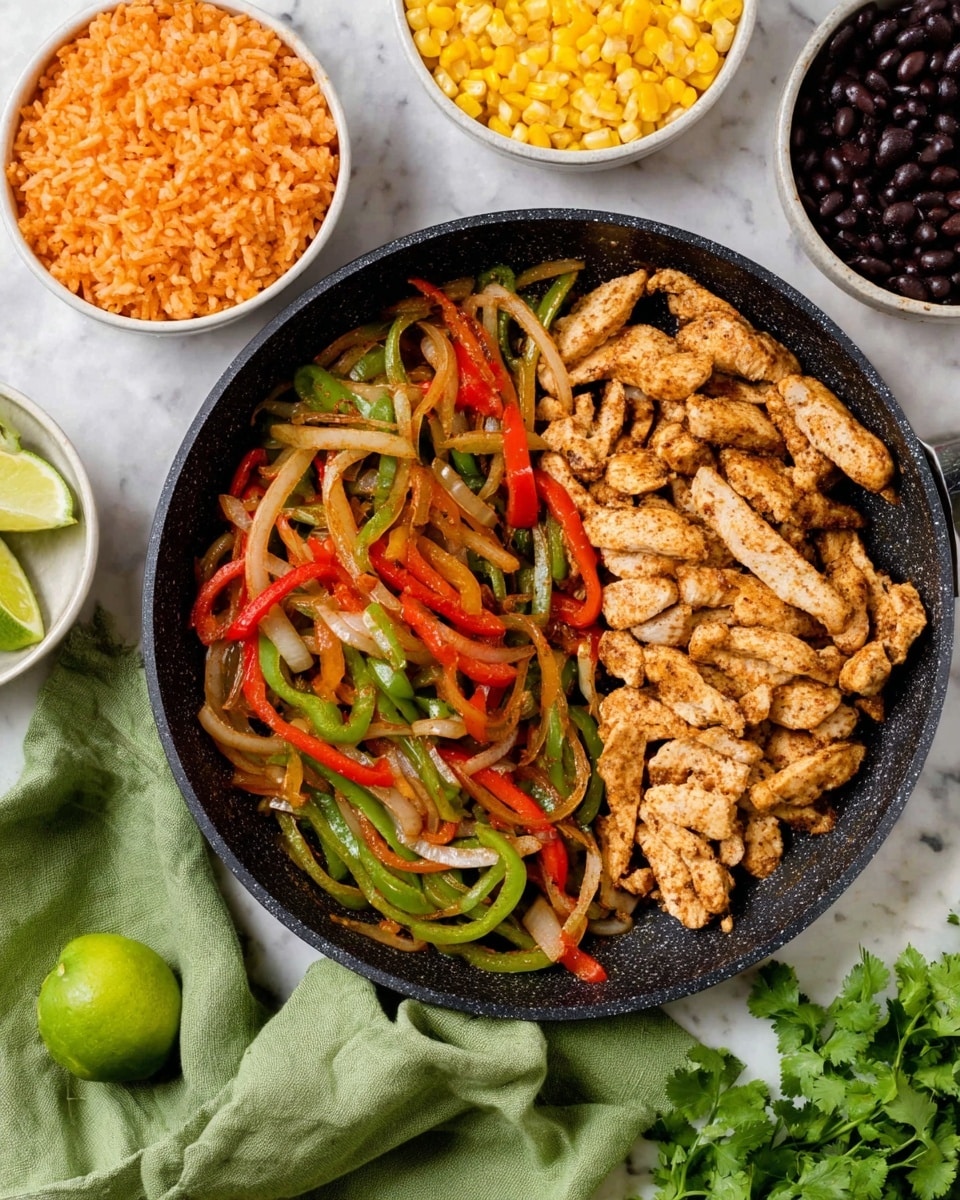 The image shows a black pan filled with two main layers: on the right, pieces of cooked, light brown chicken strips with a slightly browned texture, and on the left, a colorful mix of sautéed vegetables including thin strips of red and green bell peppers and translucent cooked onions. Surrounding the pan on a white marbled surface are small white bowls with sides: one bowl with orange-colored rice, another bowl with shiny black beans, and a third bowl with bright yellow corn kernels. There’s also a half lime and fresh green cilantro leaves nearby, with a green cloth napkin partly visible at the bottom. Photo taken with an iphone --ar 4:5 --v 7
