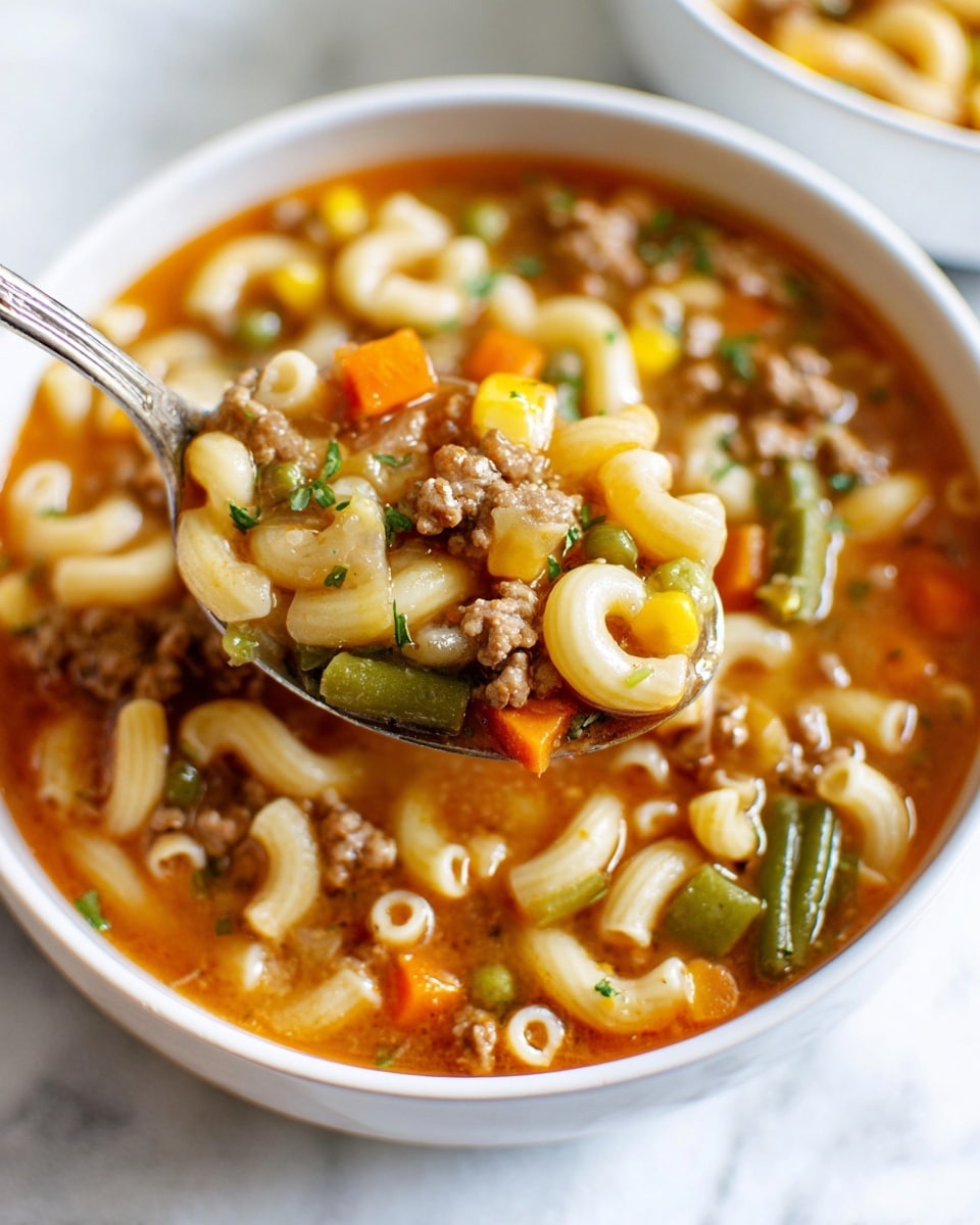 A white bowl filled with soup containing three main layers: a base of clear orange broth, a thick layer of small elbow macaroni pasta, and mixed vegetables including bright yellow corn, green peas, green beans, and orange carrot pieces, combined with small bits of browned ground meat scattered throughout; a spoon lifts a portion displaying these layers in detail, showing the shiny, smooth macaroni and the soft textured vegetables, all placed on a white marbled surface photo taken with an iphone --ar 4:5 --v 7