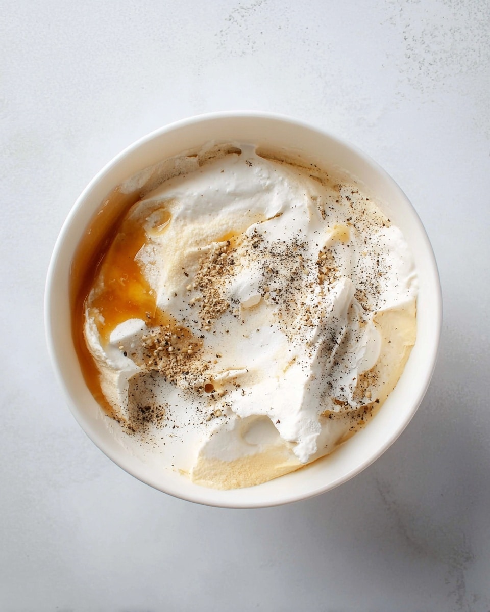 A white bowl sits on a white marbled surface filled with several soft, creamy layers. At the bottom, there is a light golden honey layer spreading gently, topped by large patches of thick, white cream with smooth and slightly lumpy textures. Scattered over these is a sprinkle of fine, black pepper adding a speckled dark contrast on the light creams. The layers are soft and loosely mixed, showing their unique textures and colors clearly. Photo taken with an iphone --ar 4:5 --v 7