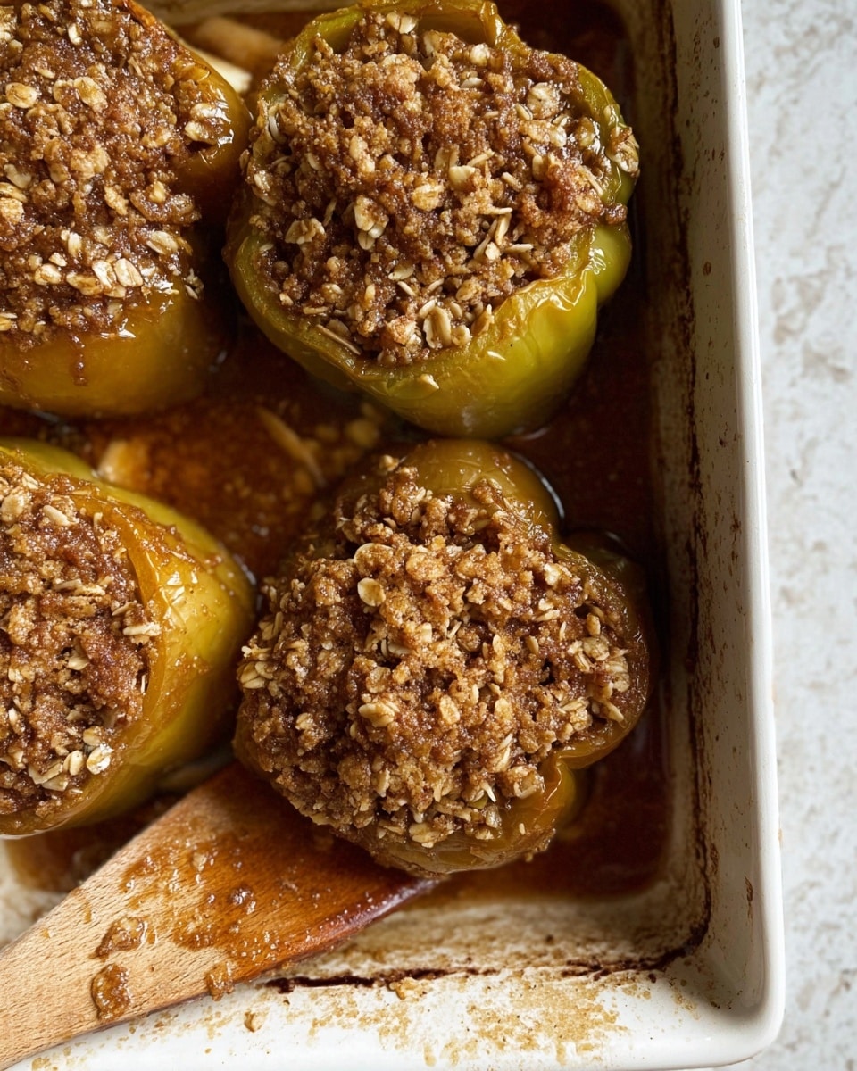 The image shows three baked stuffed bell peppers in a white baking dish with a white marbled texture background. Each pepper has two layers: the bottom layer is a soft, cooked yellow-green pepper that looks juicy and tender, while the top layer is a thick, crumbly mixture of oats and brown sugar, giving a rough, grainy texture. The filling has browned slightly on top, with some syrupy juices spreading around the peppers inside the pan. A wooden spatula rests on the side of the dish, partially covered with the syrupy sauce. Photo taken with an iphone --ar 4:5 --v 7