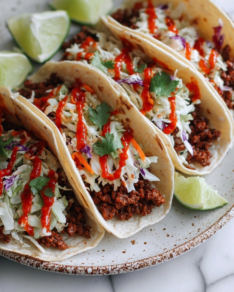 The image shows four soft tortillas folded in half on a white plate, each filled with three visible layers: a bottom layer of brown spiced minced meat, a middle layer of shredded white cabbage mixed with small bits of green herbs and red sauce drizzled on top, and garnished with fresh green cilantro leaves. The tortillas have some light toasted spots and are arranged in a slight curve with lime wedges placed between them. The plate sits on a white marbled surface with some green blurred plants in the background, giving a fresh and clean look. Photo taken with an iphone --ar 4:5 --v 7