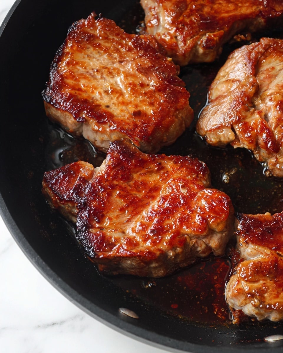 The image shows a close-up of four pieces of cooked beef minute steaks with a golden to dark brown color on their surface, indicating a crisp outer layer with some caramelized spots. The beef pieces are arranged closely inside a black pan, each with uneven edges showing some lighter pink and white fat areas. The pan has a slightly glossy appearance from cooking juices. The background is a white marbled texture. photo taken with an iphone --ar 4:5 --v 7