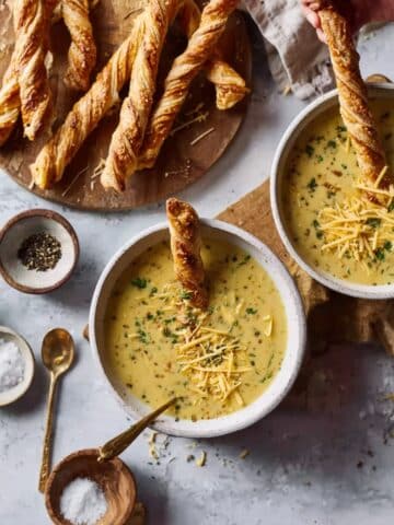 Broccoli Cheddar Soup with Puff Pastry Cheese Straws Recipe