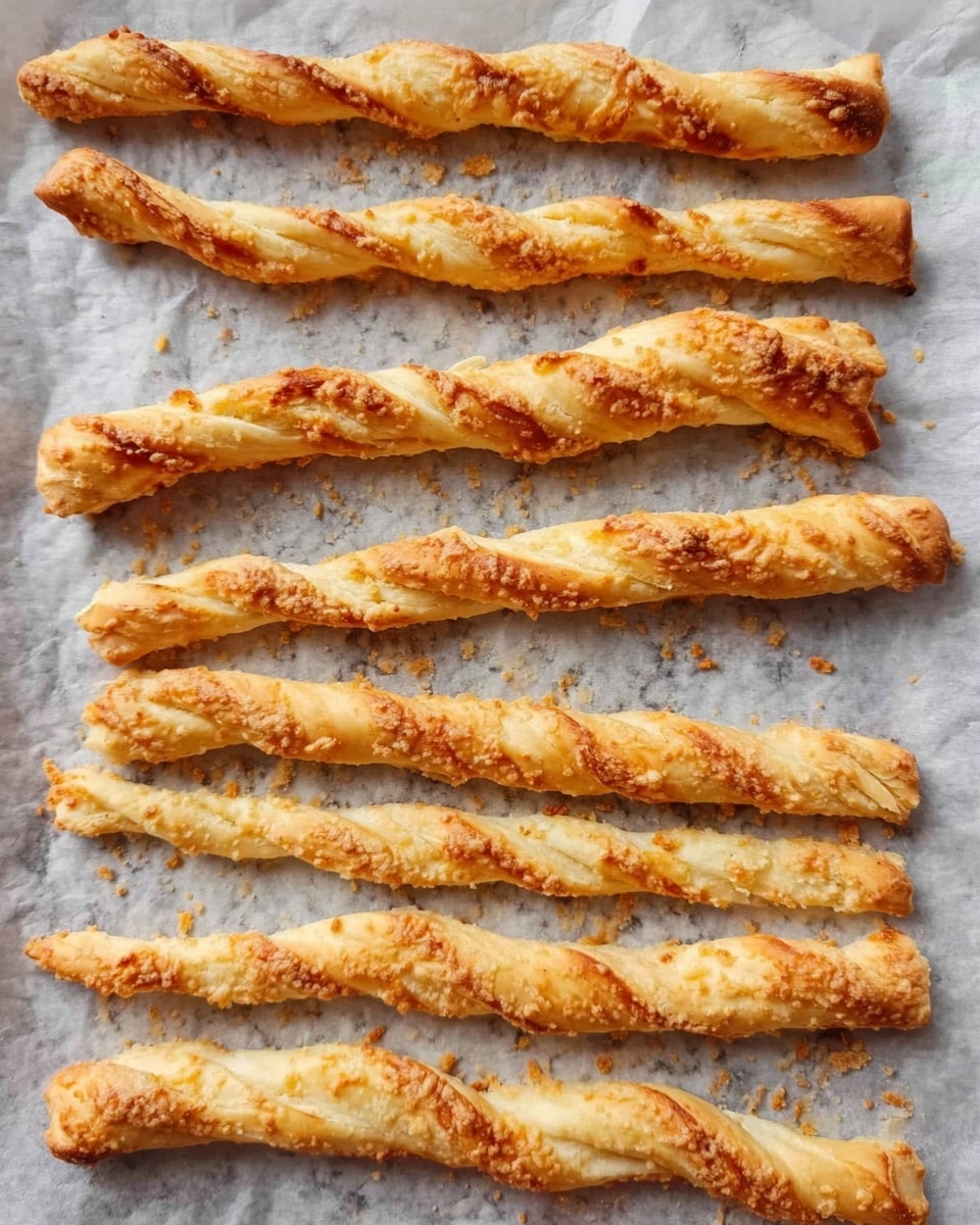 The image shows eleven or twelve golden brown twisted breadsticks placed on a white marbled surface lined with baking paper. Each breadstick has a flaky texture with some sprinkled with small bits of cheese and seasoning on top. The twists vary in thickness and length, with the dough layers clearly visible. The background is simple with no other objects or colors. Photo taken with an iphone --ar 4:5 --v 7