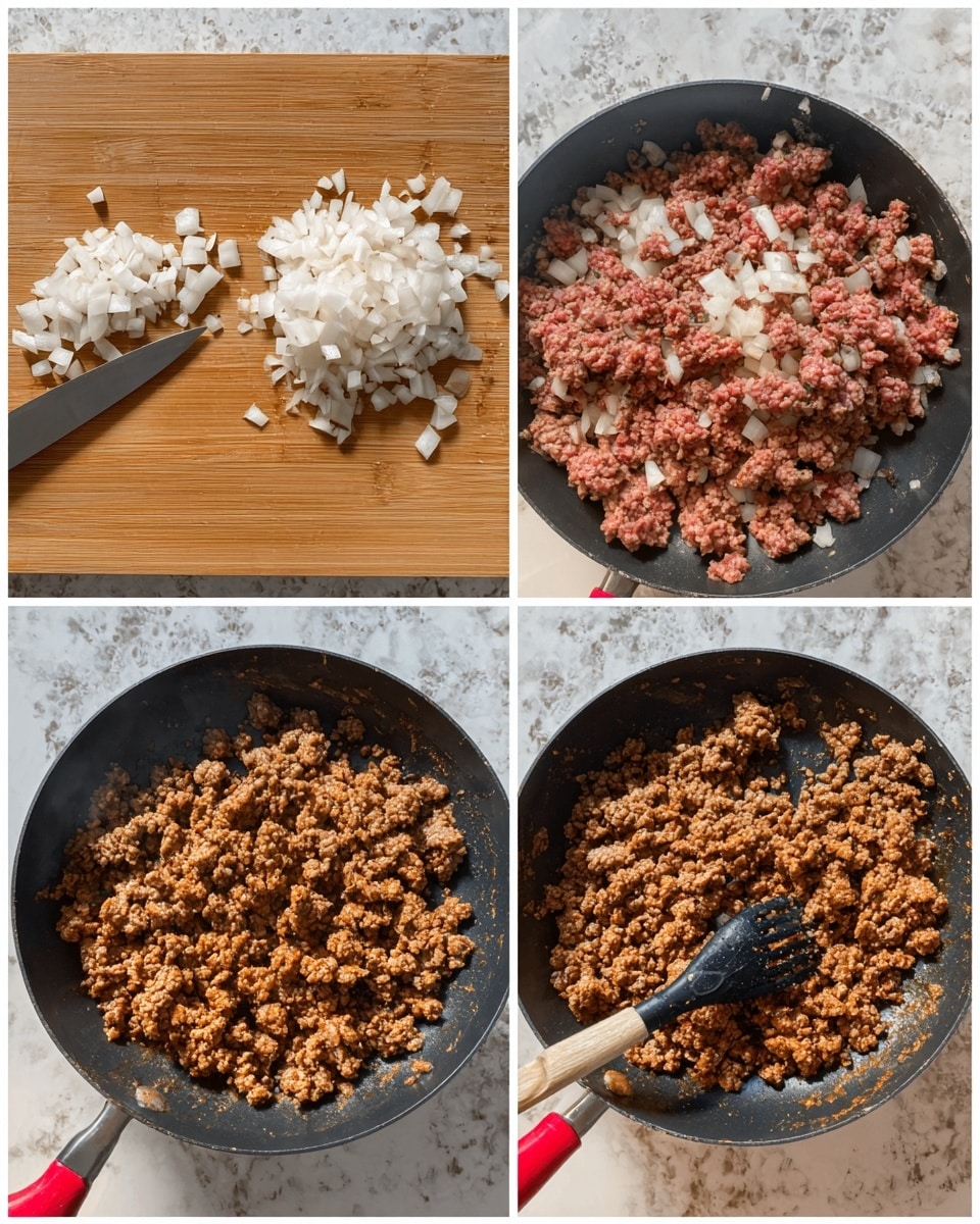 The first image shows small white chopped pieces of a vegetable, placed on a light wood board next to a knife with a red handle. The second image displays raw ground meat mixed with diced white onion pieces in a black skillet. The third image features cooked ground meat, brown in color, with some white onion bits, being stirred with a black spatula in the skillet. All images are shown on a white marbled background. Photo taken with an iphone --ar 4:5 --v 7