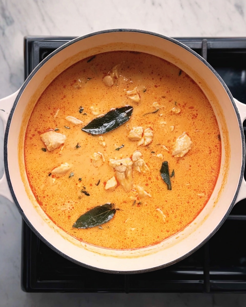 A top view of a white pot filled with a creamy orange soup that has small chunks of light beige cooked chicken and a few dark green leaves floating on top; the soup has a slight oily sheen and a smooth texture, with the pot placed on a black stove against a white marbled surface. photo taken with an iphone --ar 4:5 --v 7